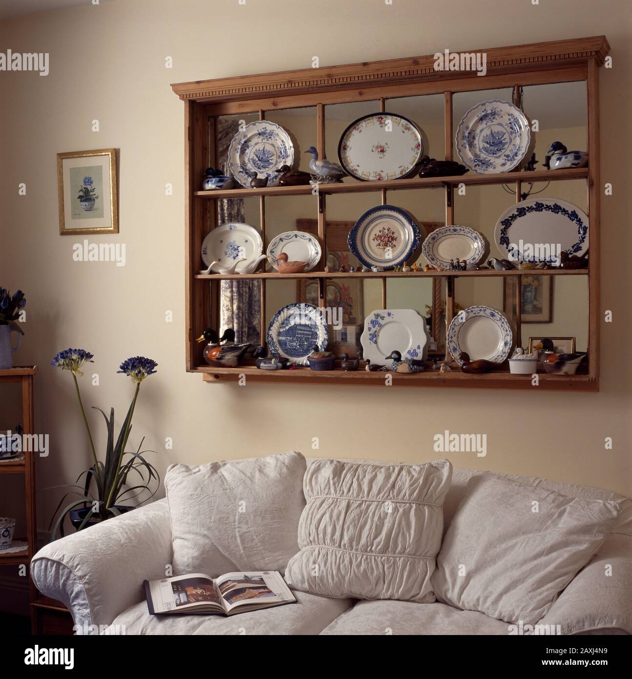 Mirror backed shelves displaying plates Stock Photo Alamy