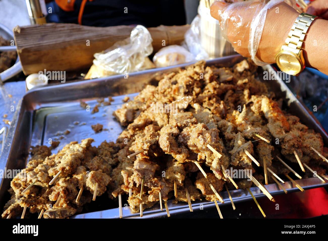 Photo of deep fried pork liver with breading sold at a street food