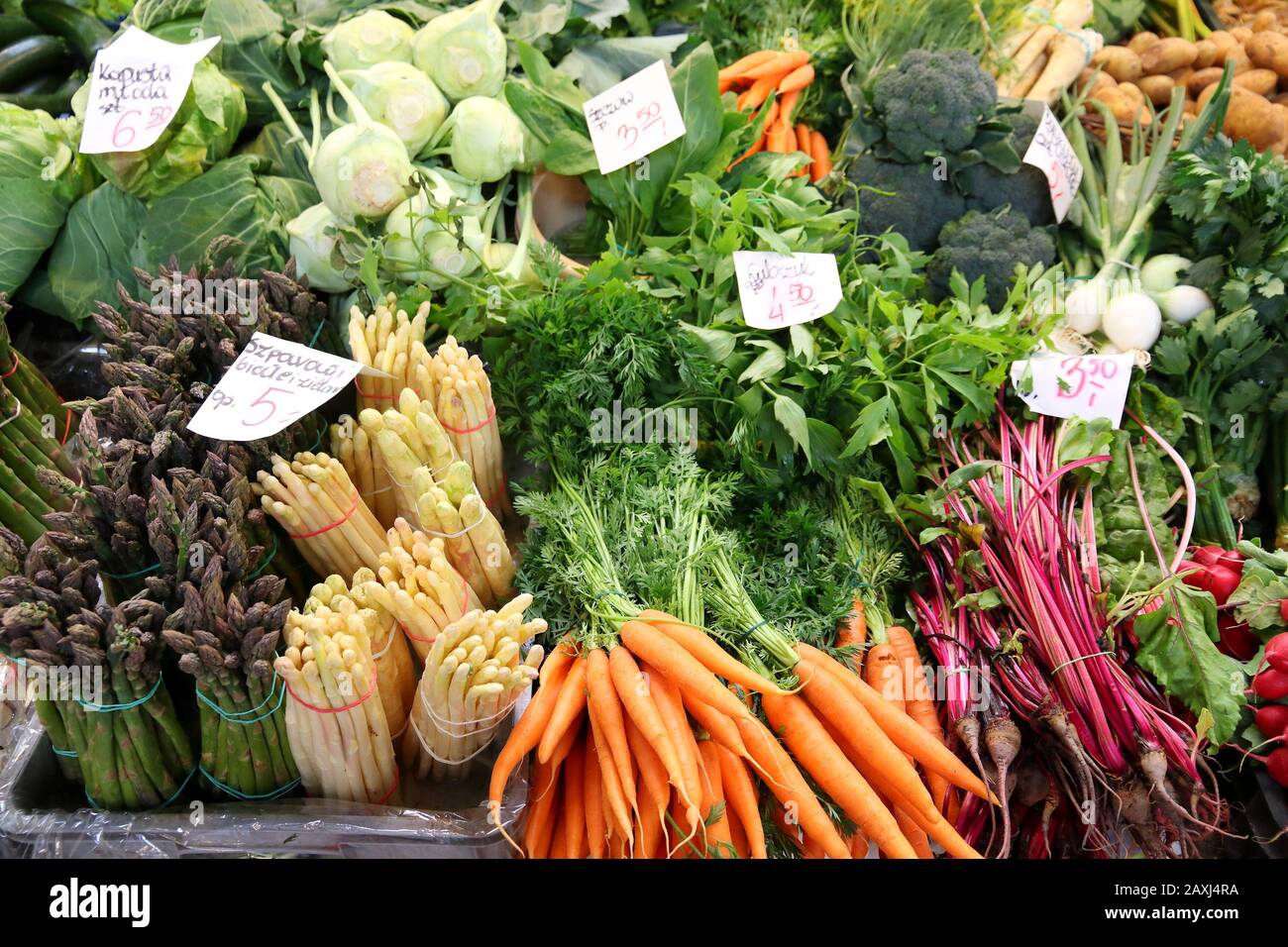 Food marketplace in Poland - Wroclaw Market Hall vegetables. Stock Photo