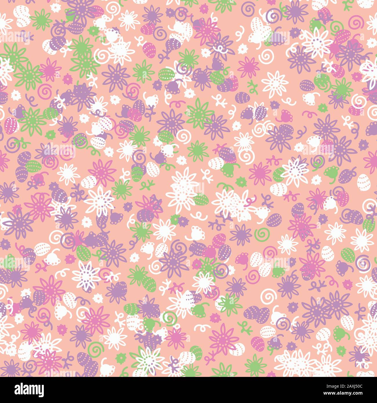 pink egg hunt themed seamless vector pattern with scattered eggs and flowers Stock Vector