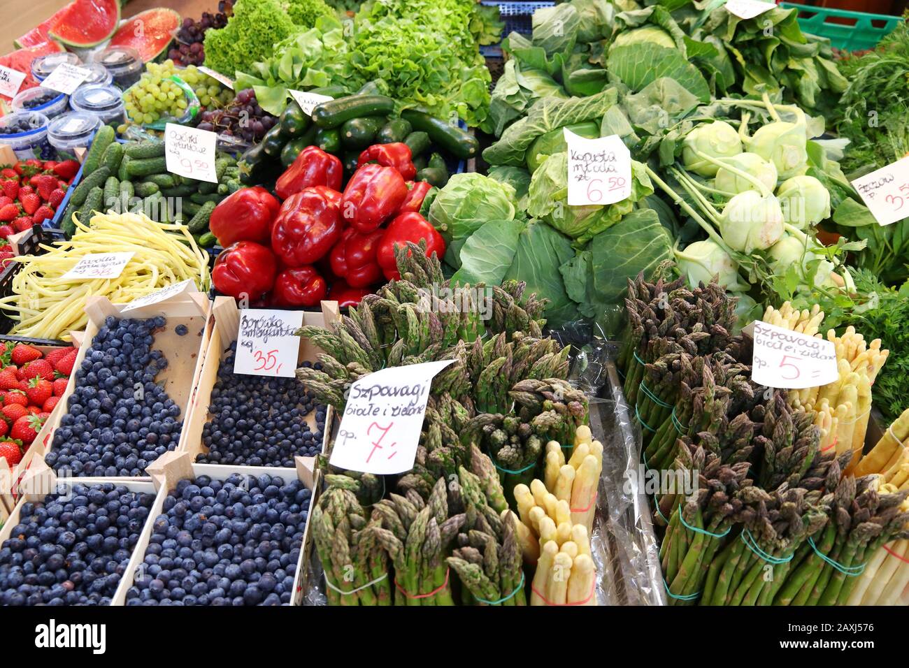 Food marketplace in Poland - Wroclaw Market Hall vegetables and fruit. Stock Photo