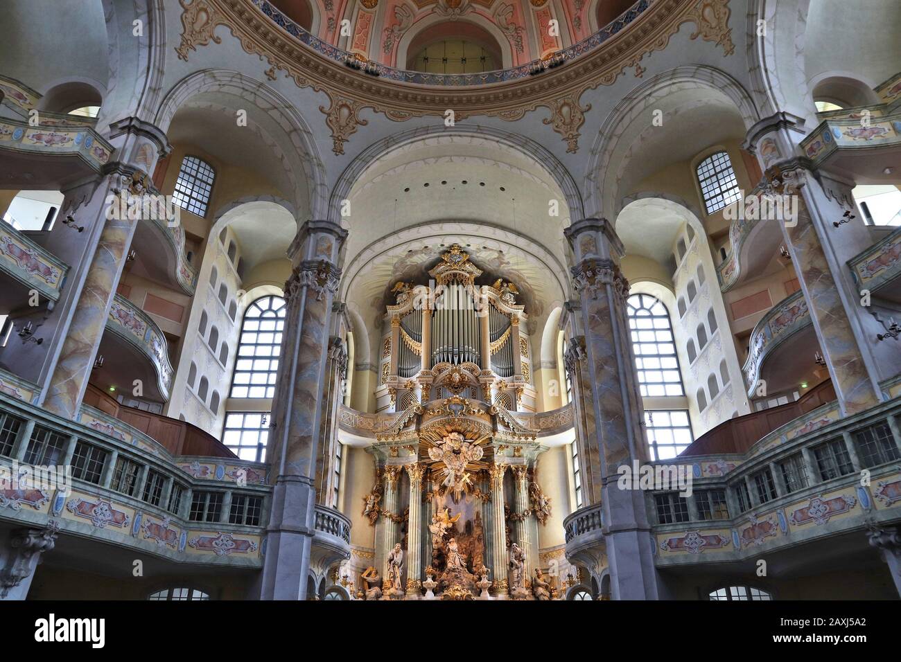 DRESDEN, GERMANY - MAY 10, 2018: Pipe organ of Frauenkirche Lutheran church in Dresden city, Germany (State of Sachsen). Baroque landmark was rebuilt Stock Photo