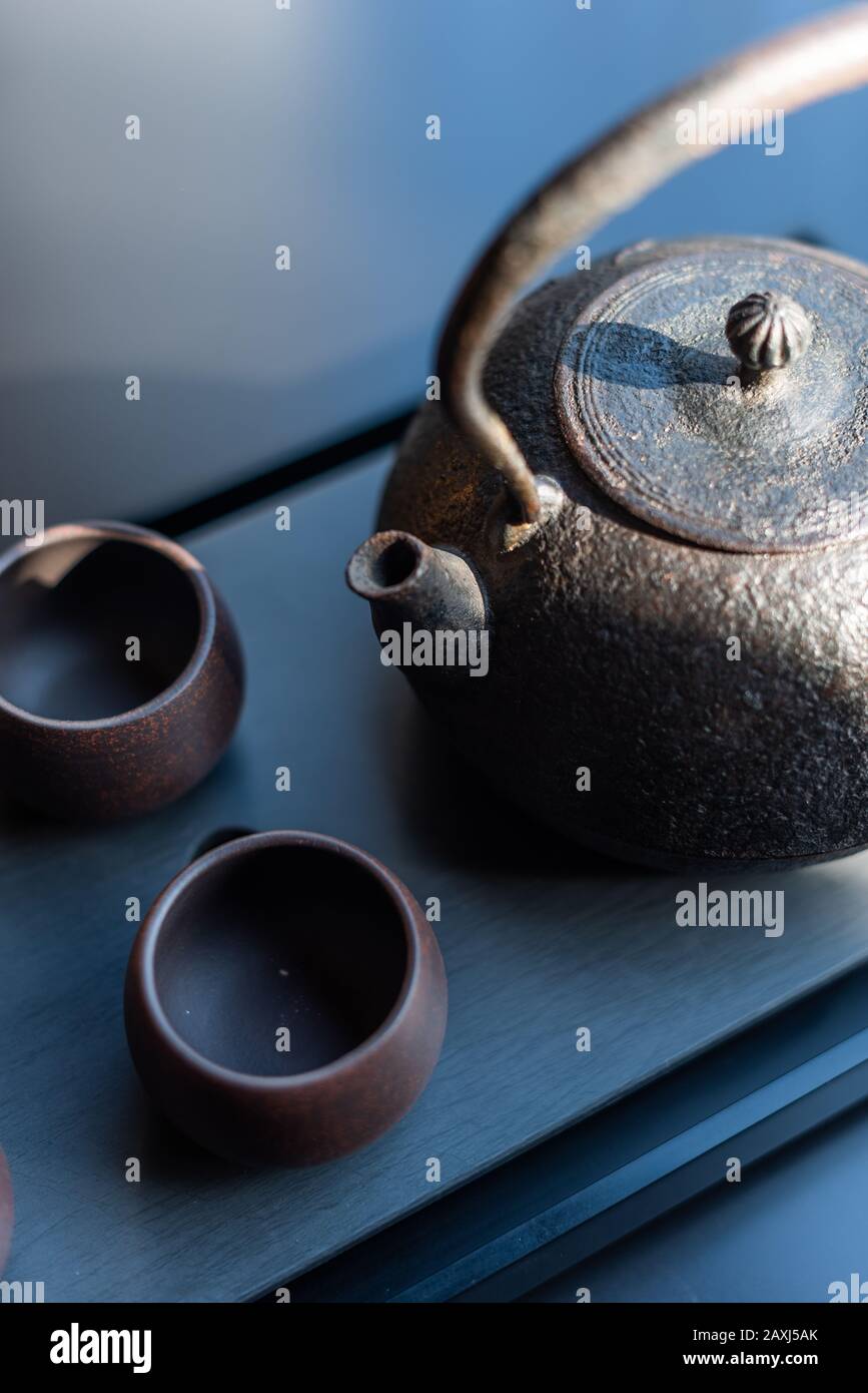 Traditional Chinese tea Set up with iron teapot Stock Photo