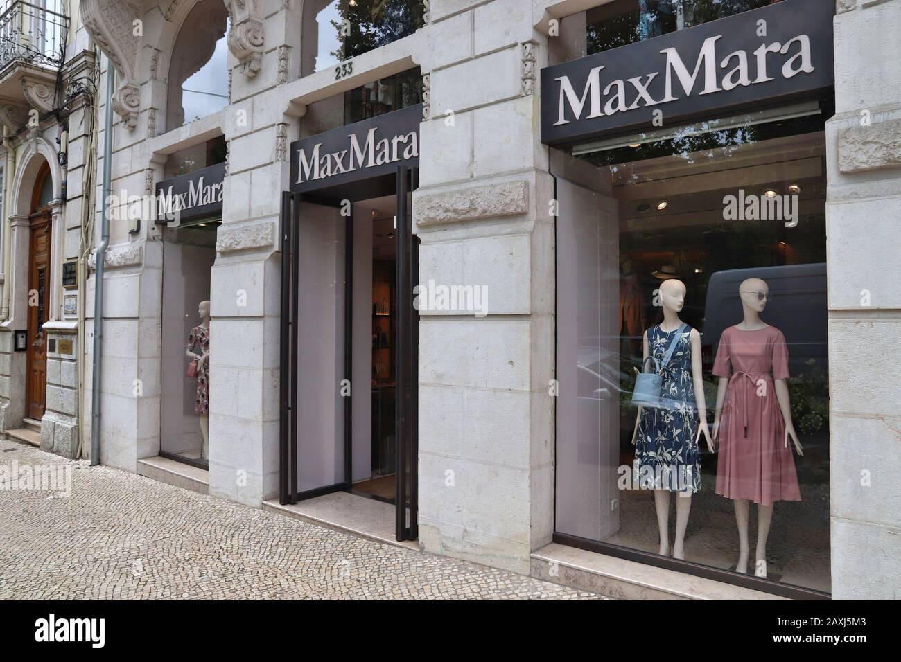 LISBON, PORTUGAL - JUNE 6, 2018: MaxMara shop at Avenida da Liberdade (Liberty Avenue) in Lisbon, Portugal. This famous boulevard is renowned for luxu Stock Photo
