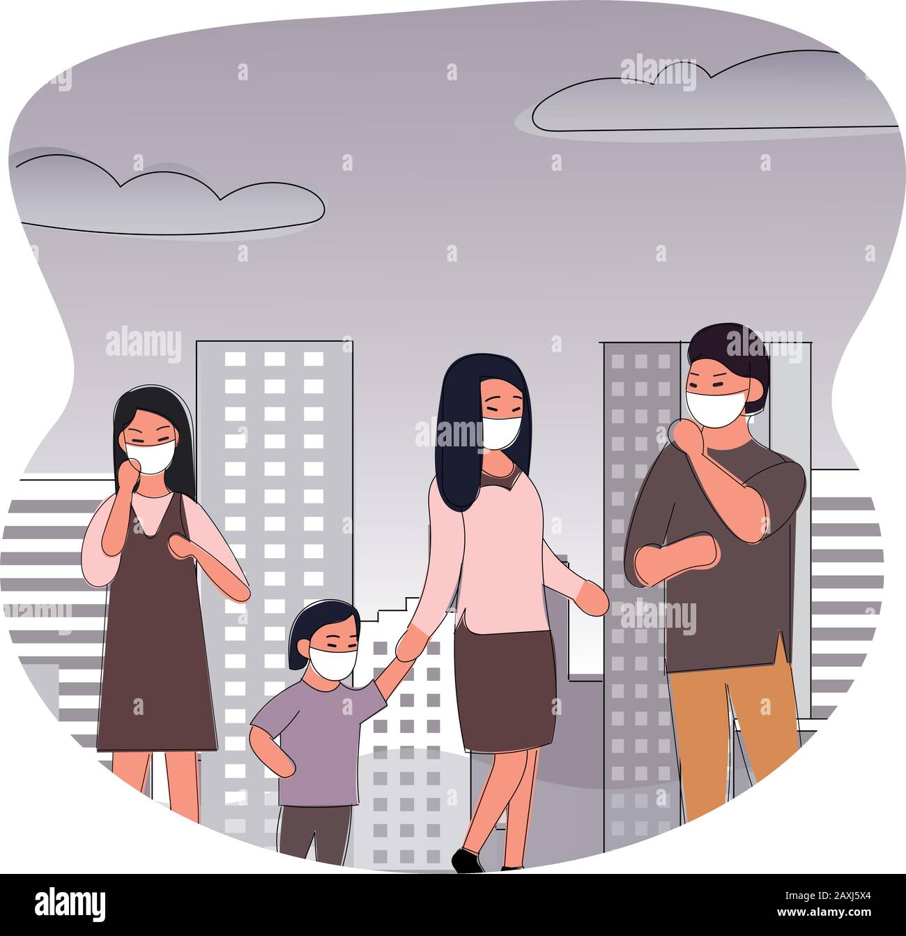 People wearing protective face masks Character Medical Health care concept, Fine dust, PM 2.5, air pollution, industrial smog, pollutant gas emission Stock Vector