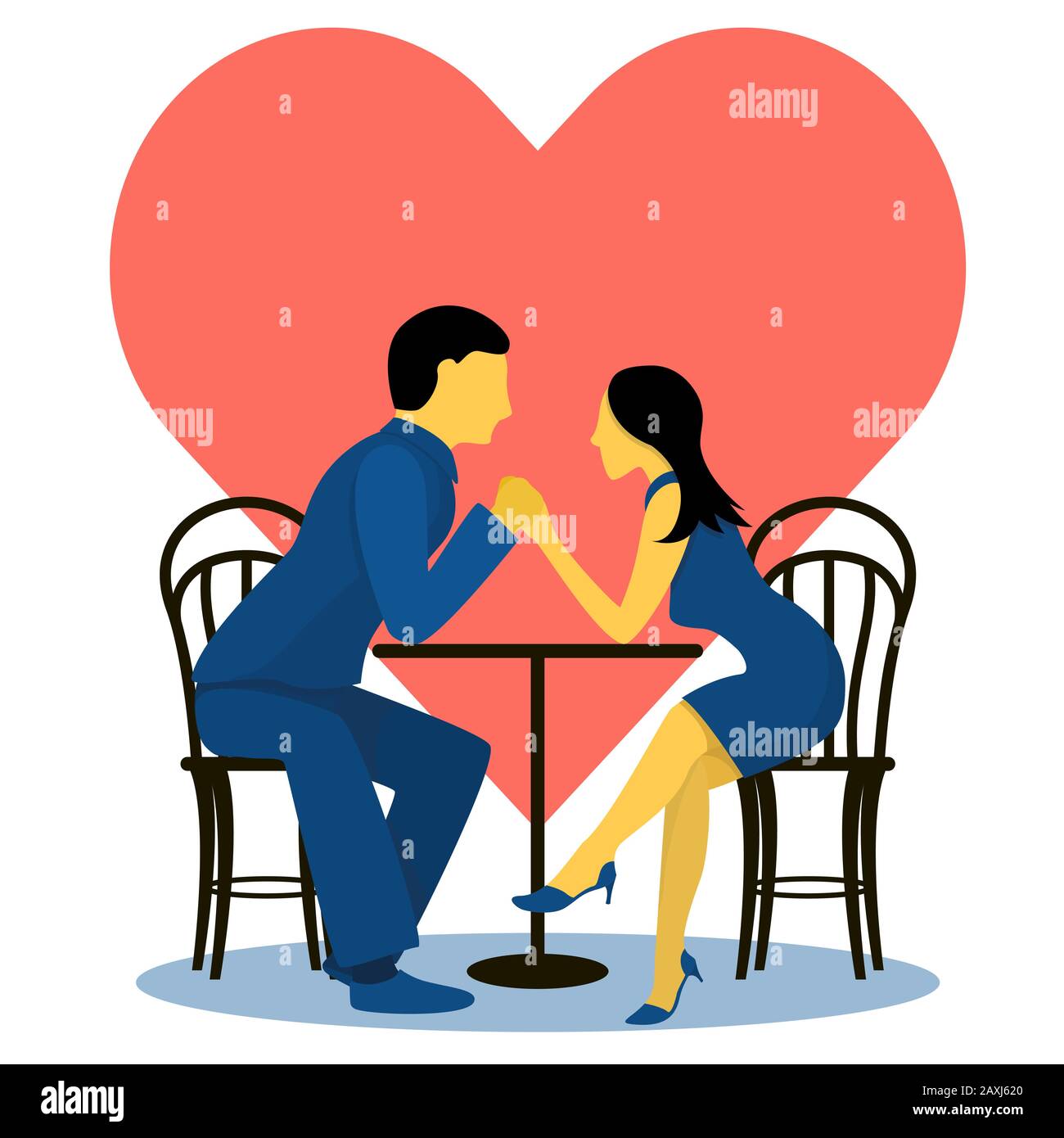A couple of cute lovers at a table in a cafe, on the background of the heart. Flat vector illustration in trendy colors. Stock Vector