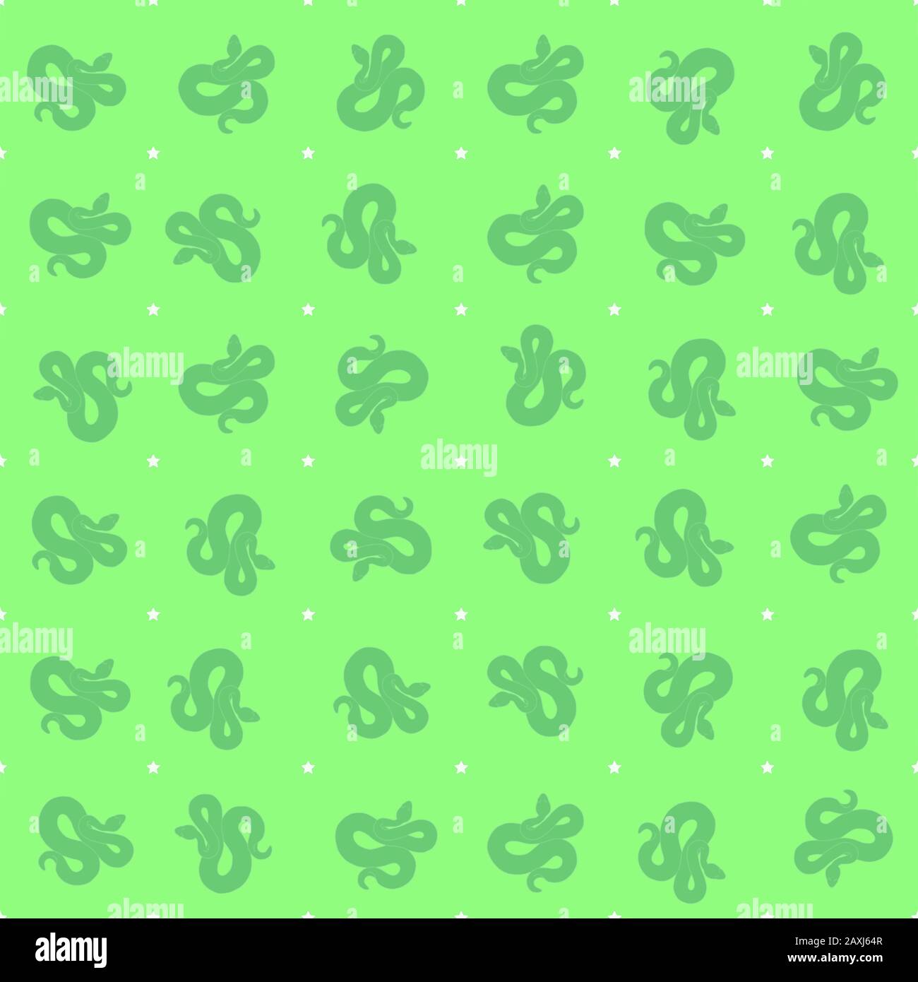 Repeating snake and star pattern. Seamlessly tiles for wallpapers, fabric printing, and embroidery. Green snakes/white stars on a green background. Stock Vector