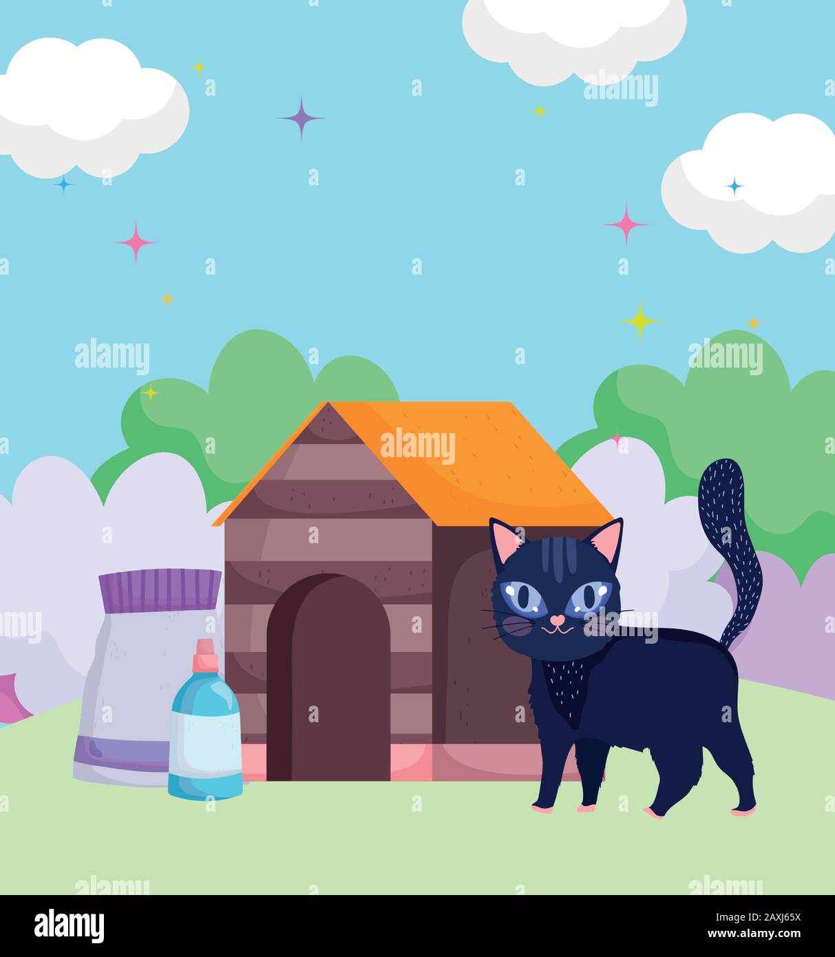 cute cat walking front house with food package outdoor pets vector ...