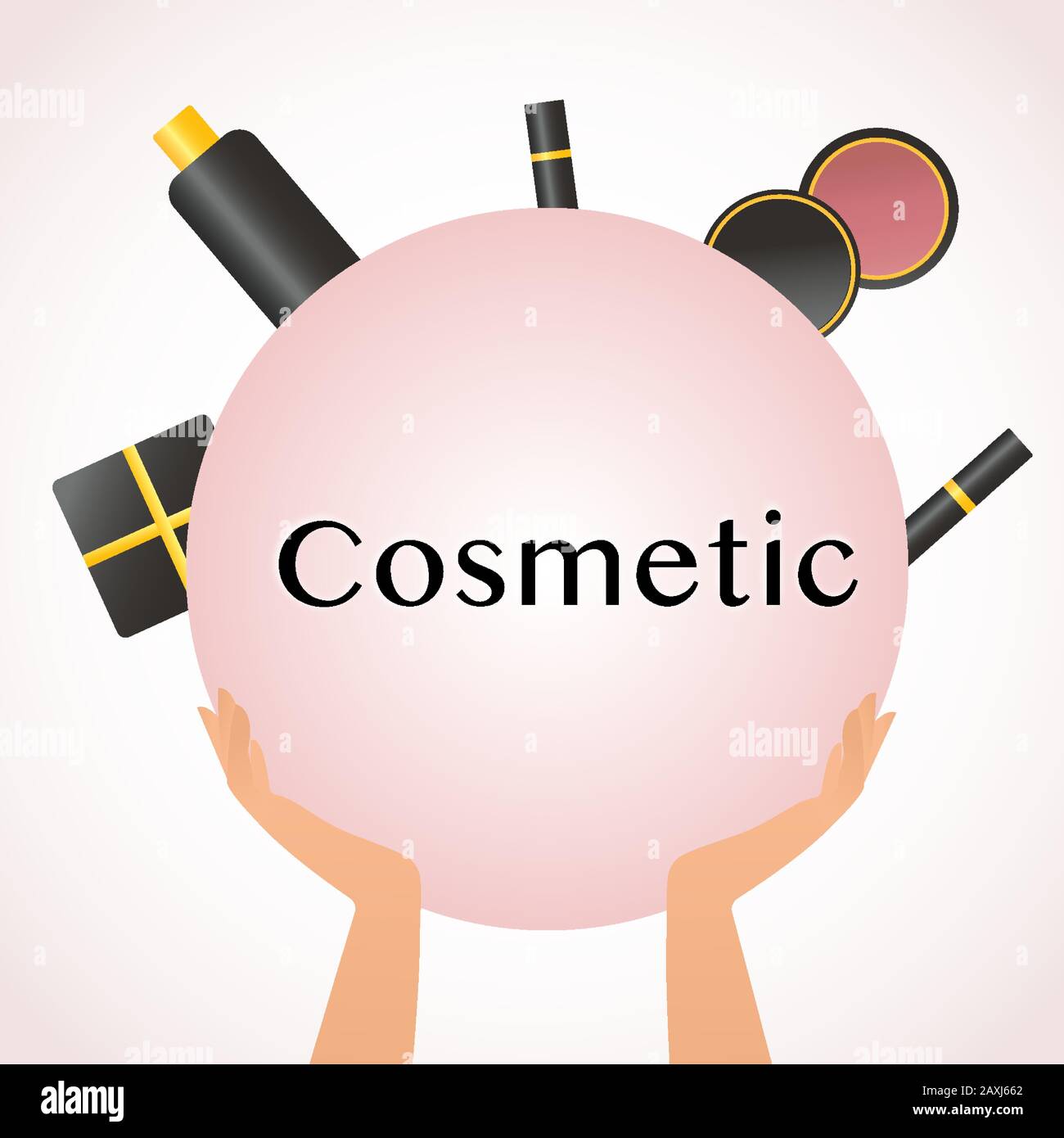 Cosmetics and fashion background with make up artist objects lipstick, cream, blush, mascara, gift. With place for your text. Female hands hold powder Stock Vector