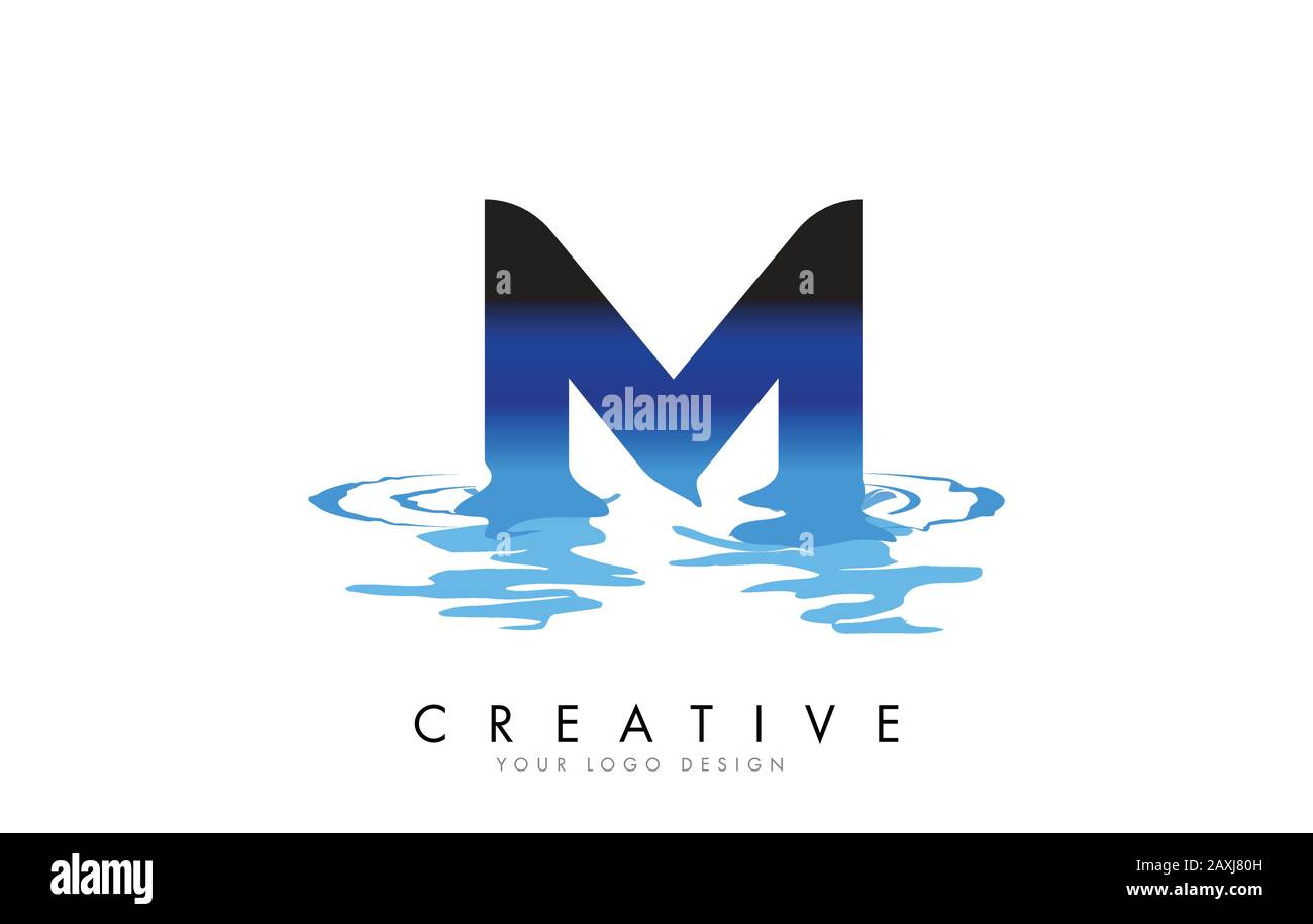 M Letter Logo Design with Water Effect and Deep Blue Gradient Vector Illustration. Template M - brand-name companies. Stock Vector