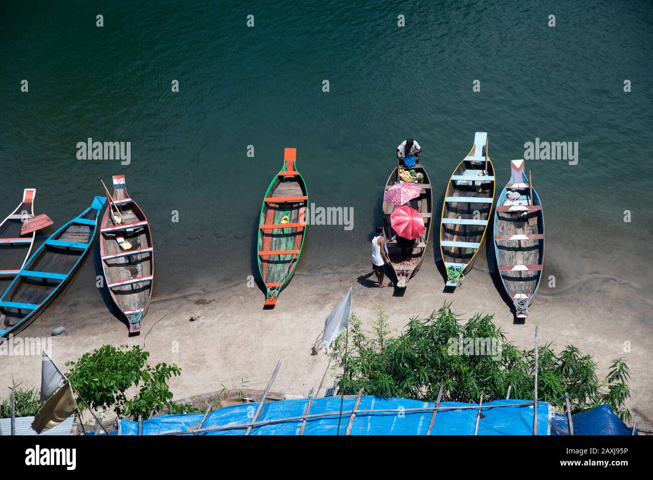Aerial view of boats on crystal clear waters of Dawki River, Meghalaya, India Stock Photo