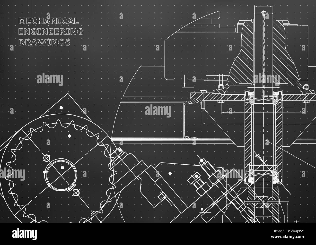 Blueprints. Mechanical drawings. Engineering illustrations. Technical Design. Banner. Black background. Points Stock Vector