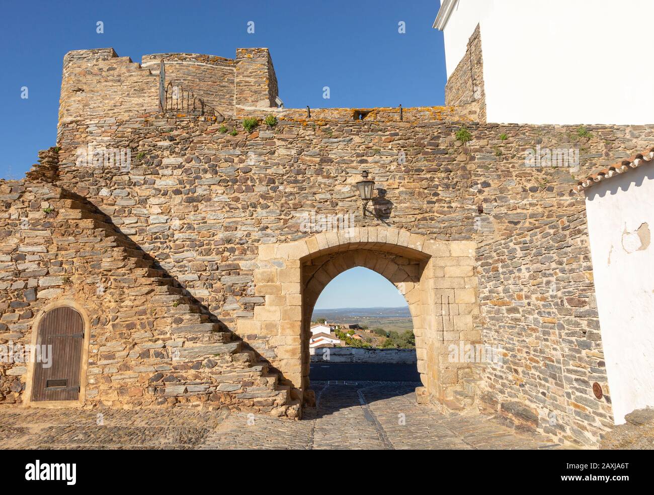 Gateway to historic walled hilltop village of Monsaraz, Alto Alentejo, Portugal, southern Europe Stock Photo