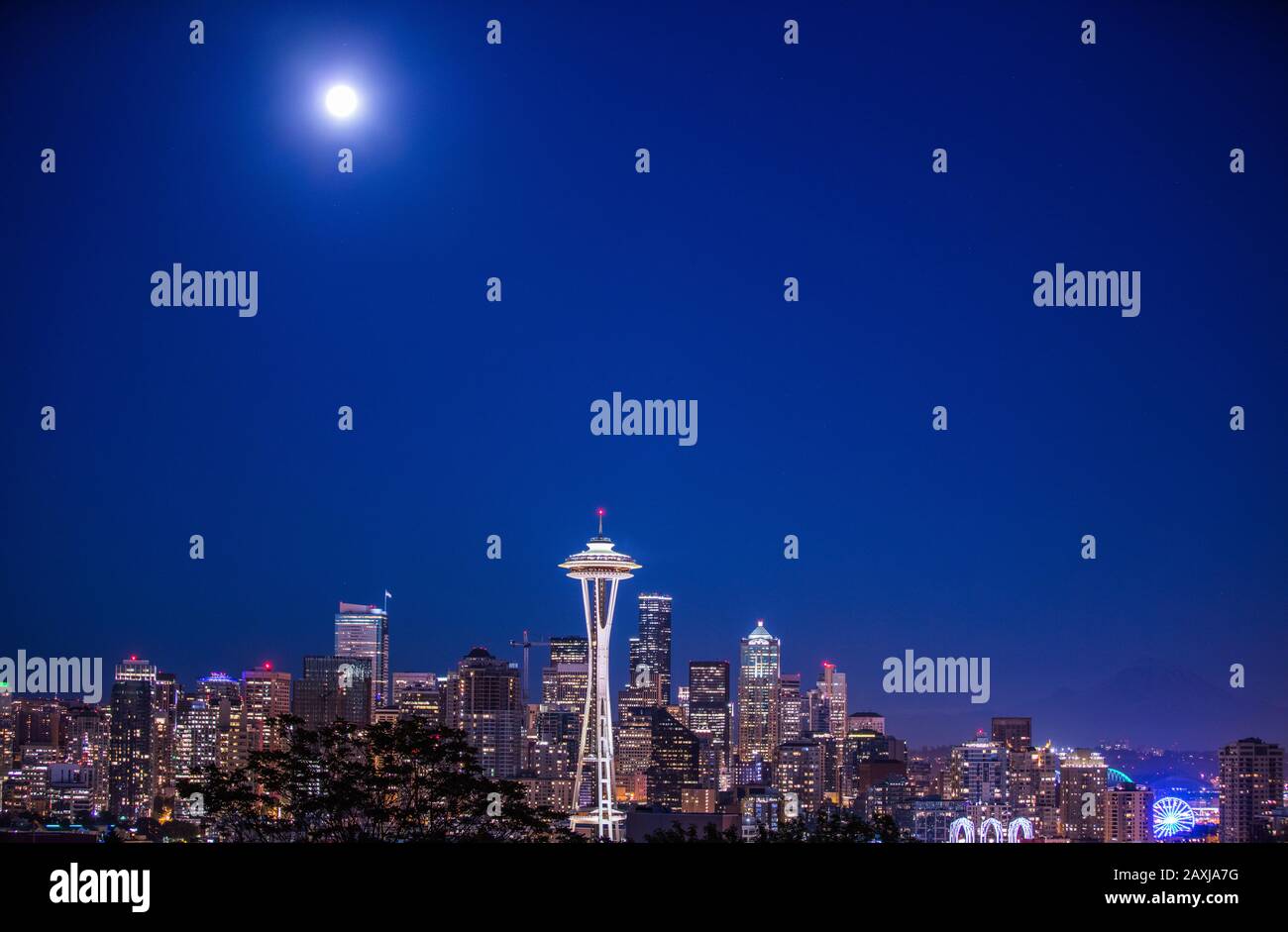 Seattle with the high moon Stock Photo