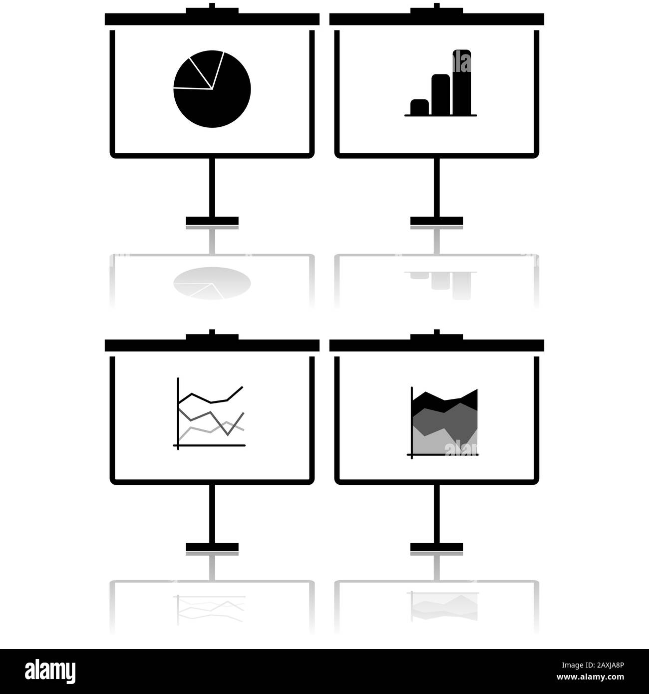Icon set showing a flip chart presenting different types of statistics