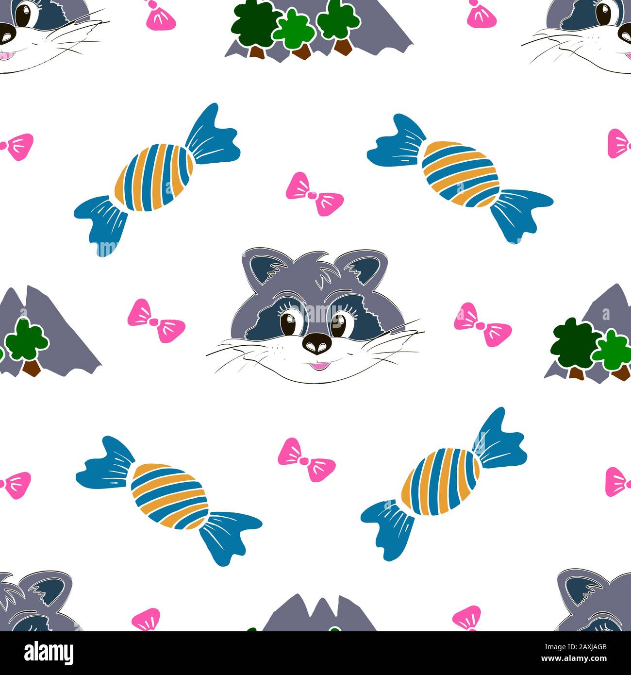 Kids, Cartoon seamless pattern. Original color drawings. Skarpbuking. Textiles, cartoon background. Mountains, trees, bows, candy, raccoon Stock Vector