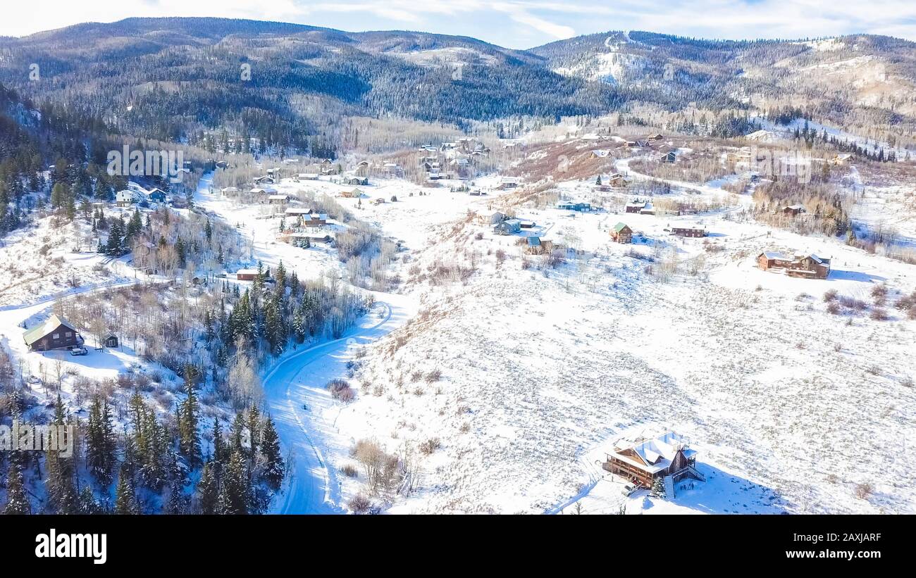 Aerial view of rural mountain community in the Winter Stock Photo - Alamy