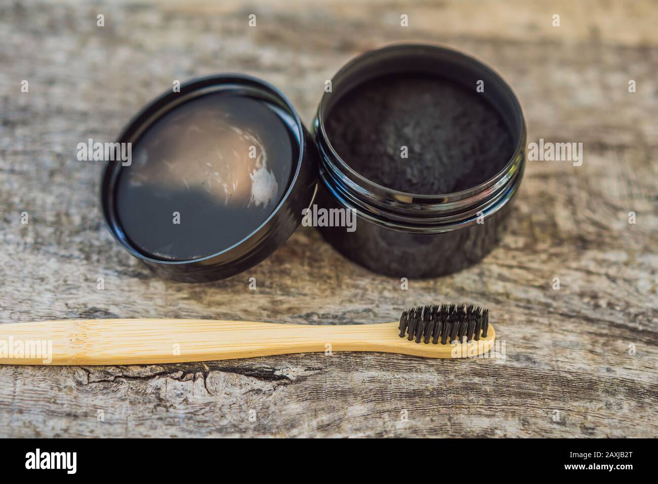 Activated charcoal powder for brushing and whitening teeth. Bamboo eco