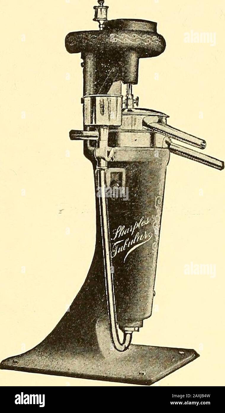 Principles and practice of butter-making; a treatise on the chemical and physical properties of milk and its components, the handling of milk and cream, and the manufacture of butter therefrom . Fig. 73.—^The Reid separator. Fig. 74.—The Sharpies separator. the wall of the separator bowl, and into a solid and more orless gelatinous layer, which is known as the separator slime.In very impure milk this substance is so plentiful that it islikely to clog the separator in a very short time, and beforemuch separation is accomplished it is necessary to clean outthe bowl. The second layer is the skim- Stock Photo