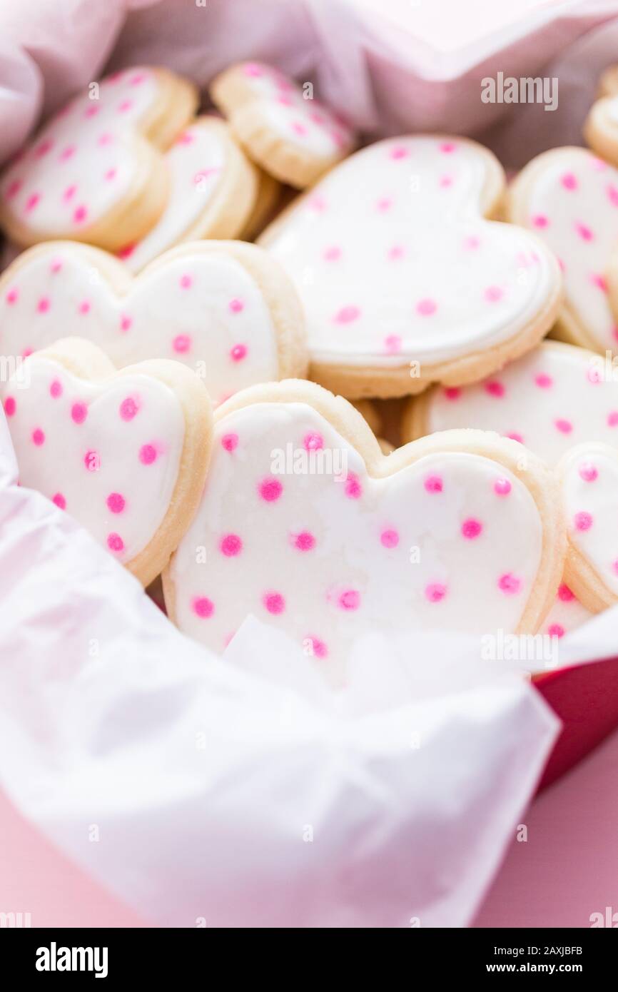 Heart shaped sugar cookies decorated with royal icing in gift box Stock ...