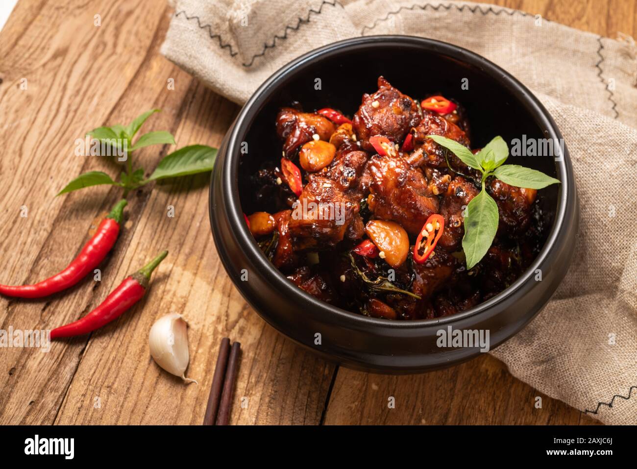 Delicious traditional Chinese three cups chicken dish. Stock Photo
