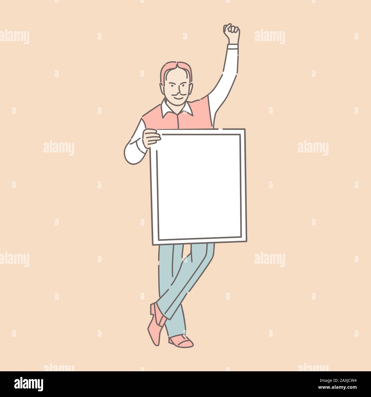 Smiling man in casual clothes holding card and raising hand up vector illustration. Cartoon outline character isolated on pink. Activism, demonstration, advertising, protesting placard concept. Stock Vector