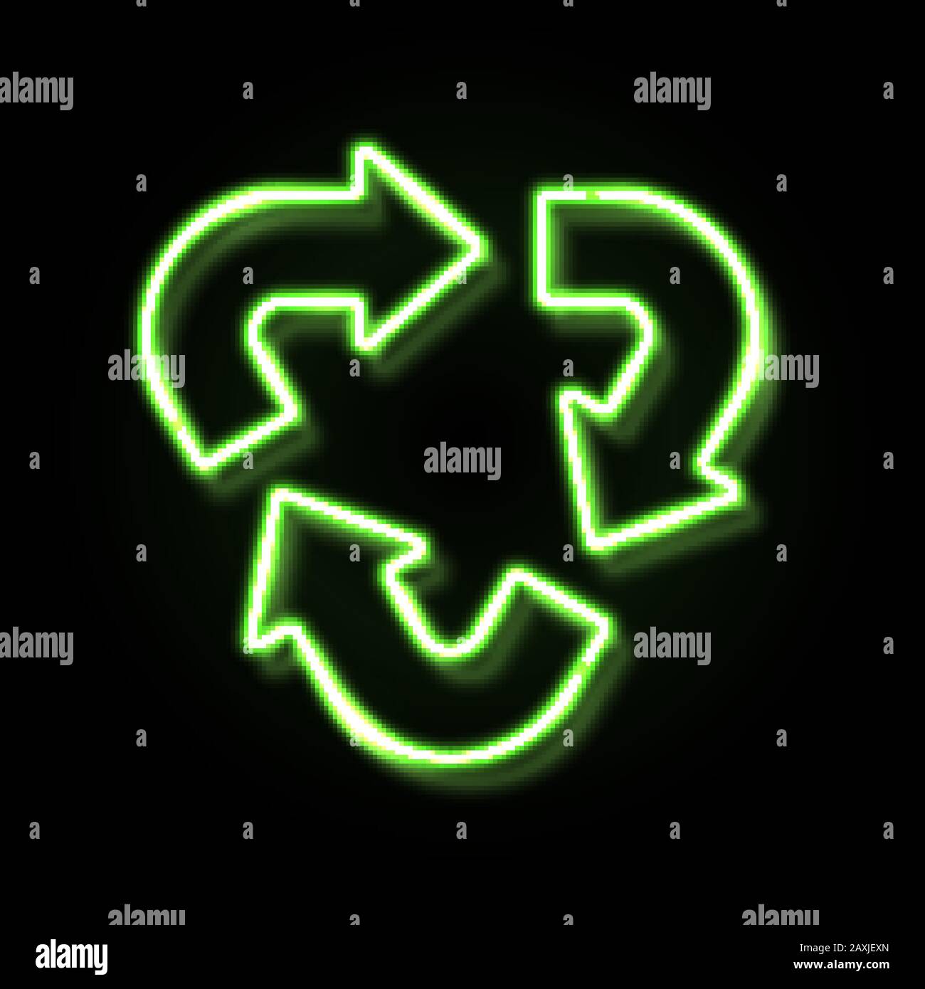 Green neon light recycle symbol sign isolated on black background. Glowing led illuminated