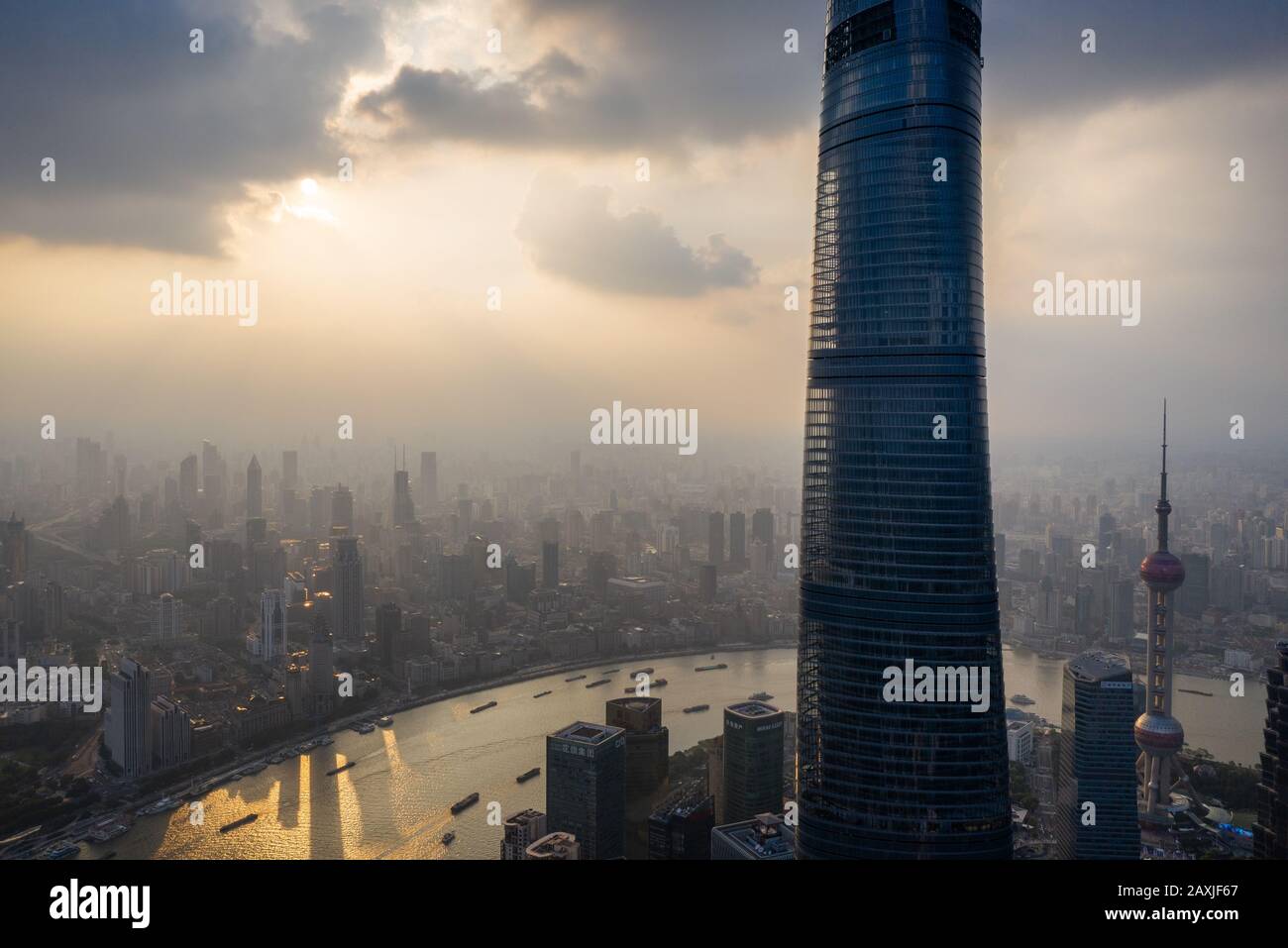 Shanghai, China - 7 September  2019: Sunset view of the Shanghai Tower Stock Photo