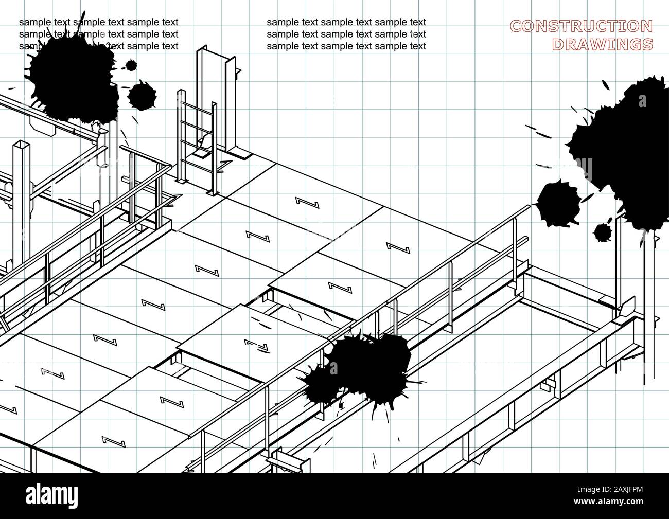 Building. Metal constructions. Volumetric constructions. 3D design. Abstract. Draft. Black Ink. Blots Stock Vector