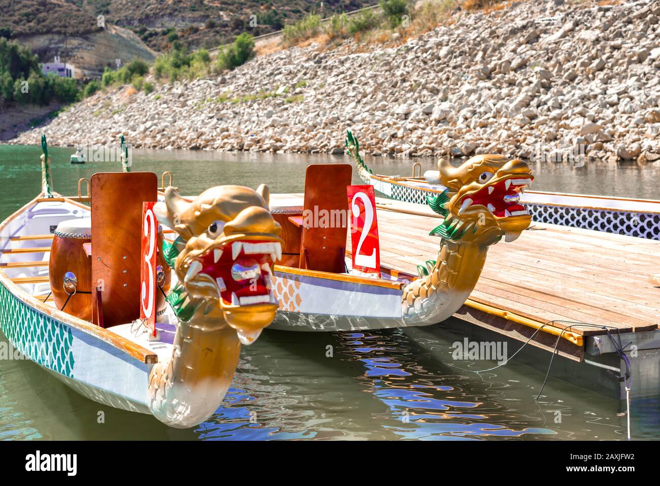 Two dragon boats with heads Stock Photo Alamy