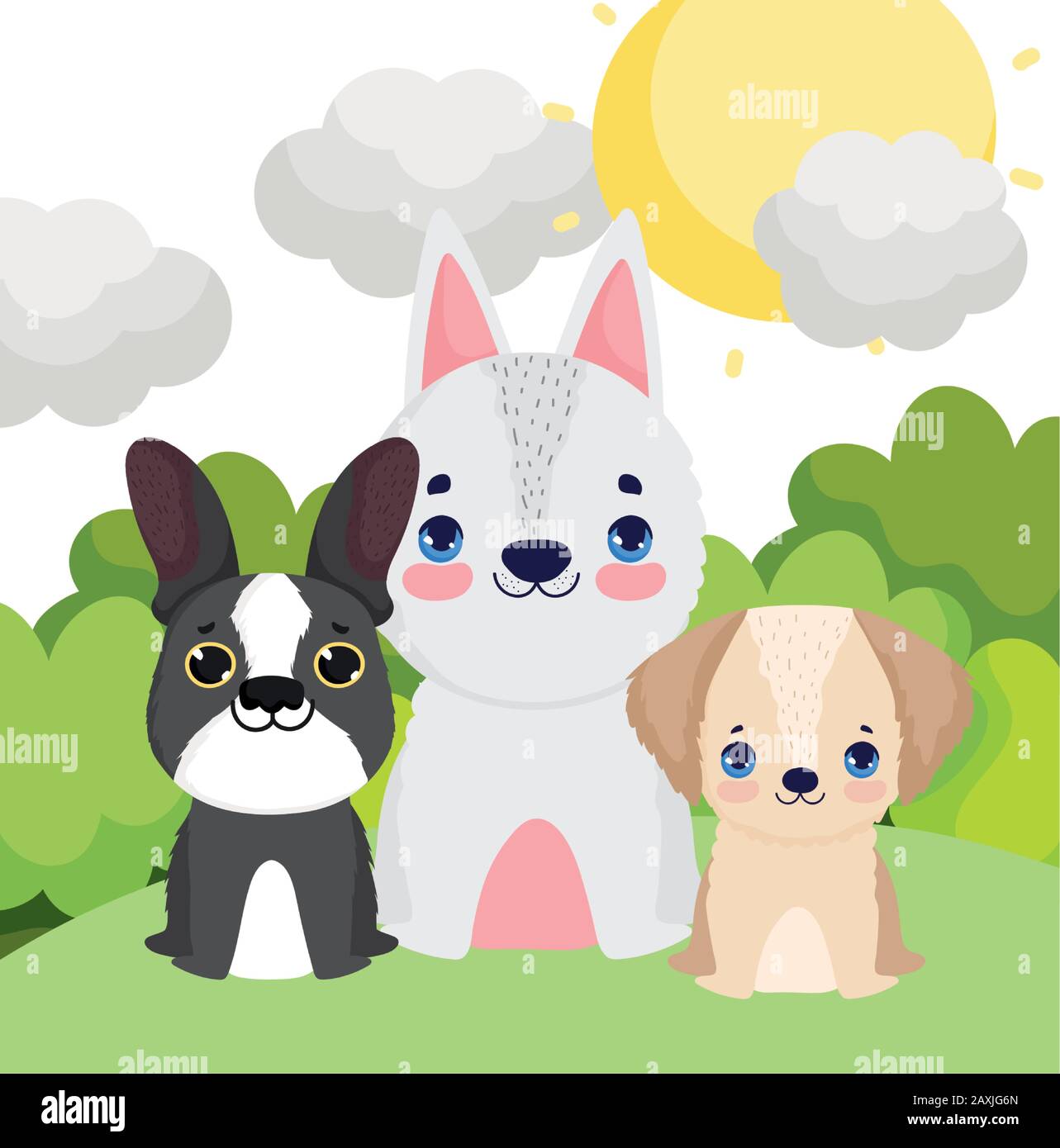 little dogs sitting canine cartoon outdoor pets vector illustration Stock Vector