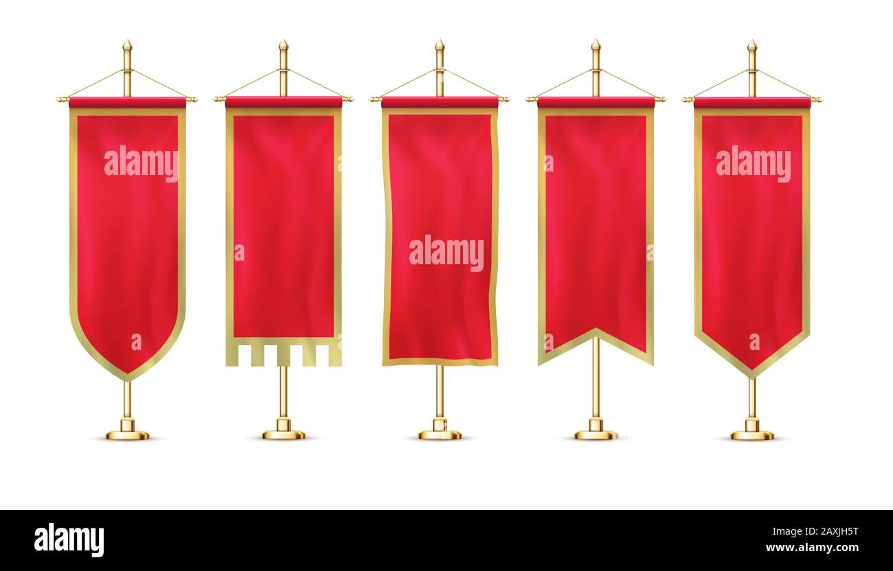 Blank red pennant flag mockup banner hanging on golden rack pole realistic stylish retro style set. Stock Vector