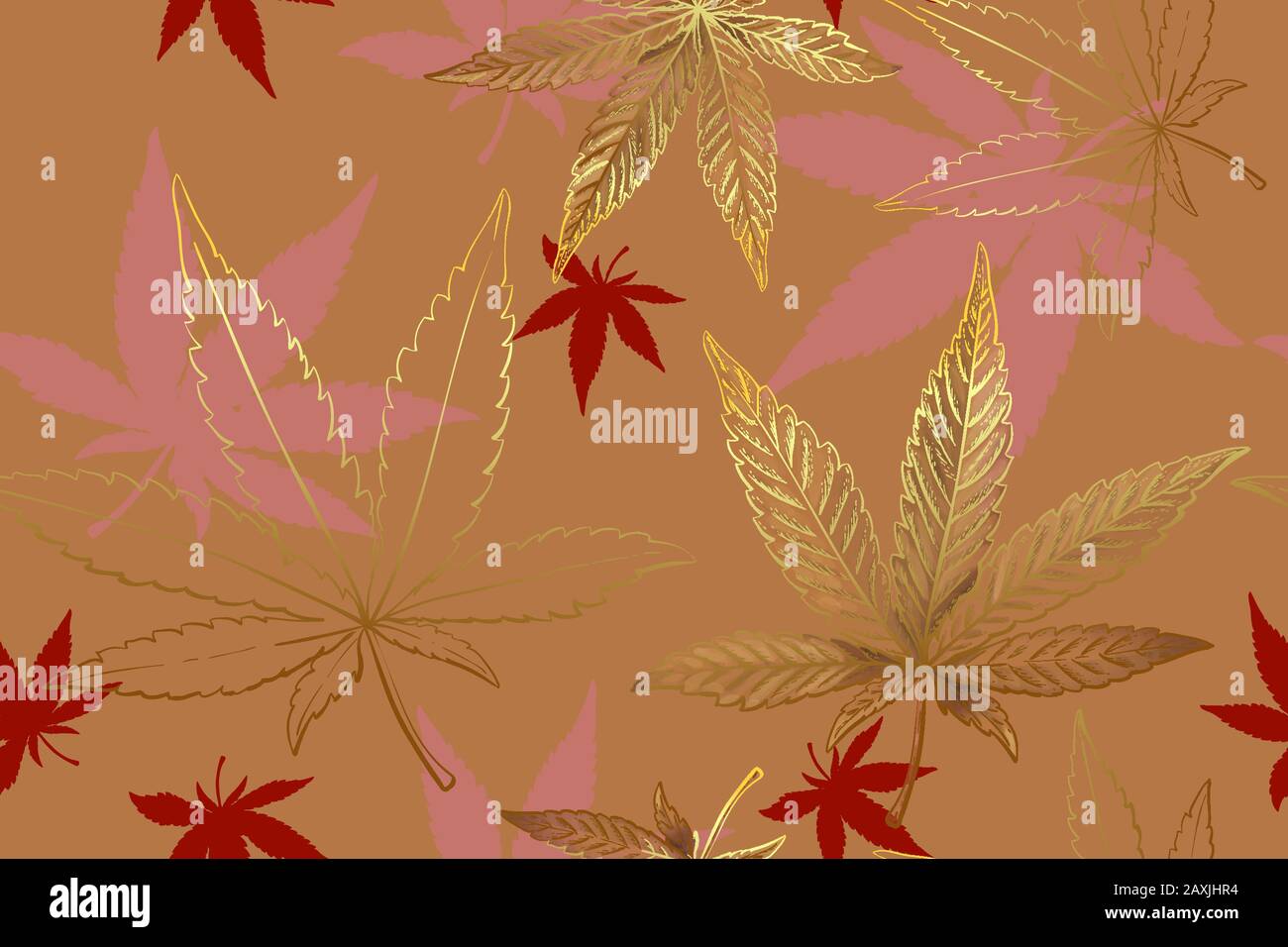 Seamless pattern of gold cannabis leaves. Pattern of yellow orange marijuana leaf. Stock Vector