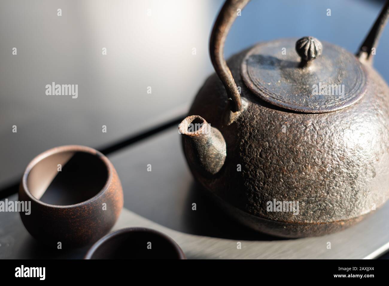 Traditional Chinese tea Set up with iron teapot Stock Photo