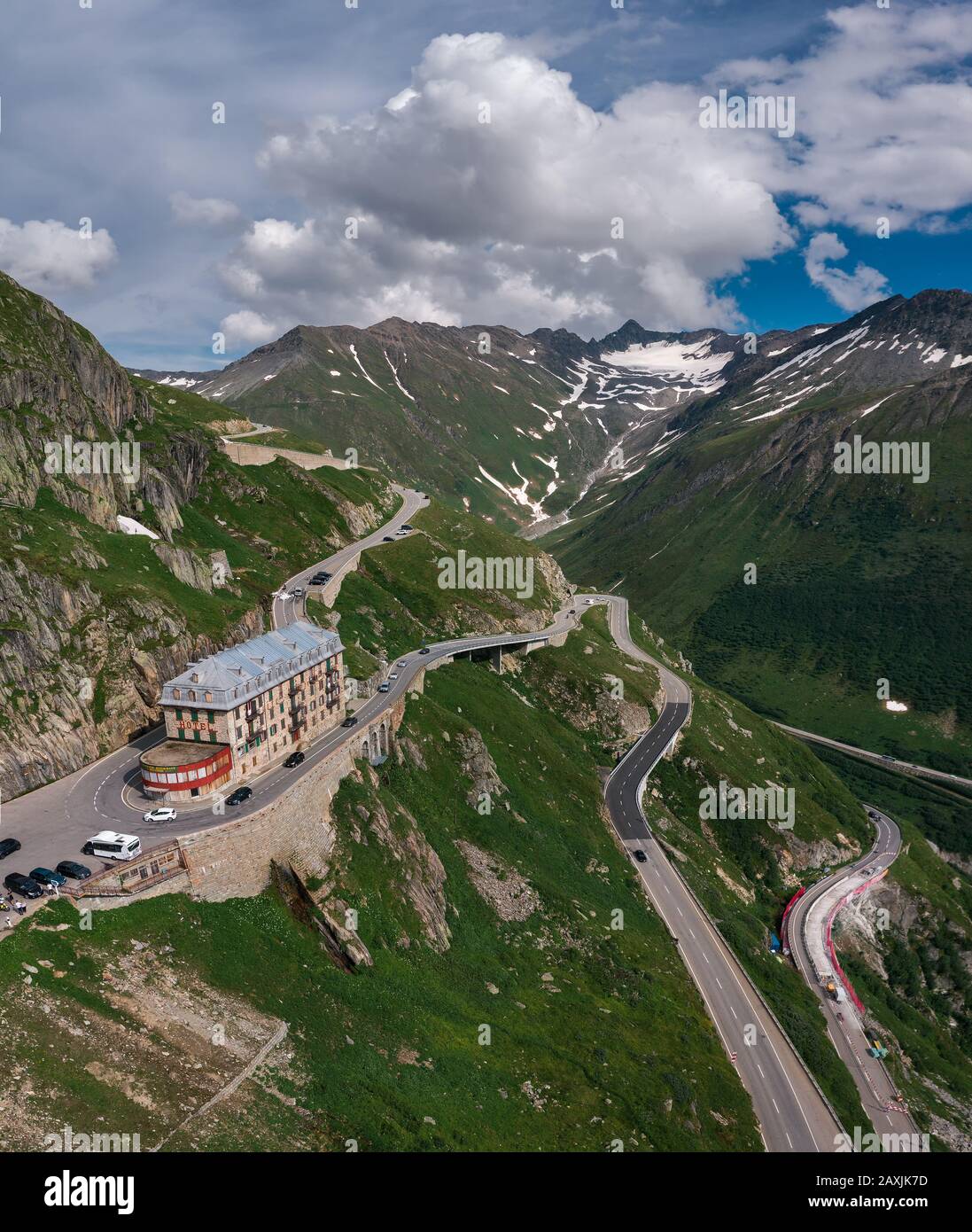 Aerial view of the closed mountain hotel Belvedere in Furka Pass, Switzerland Stock Photo Alamy