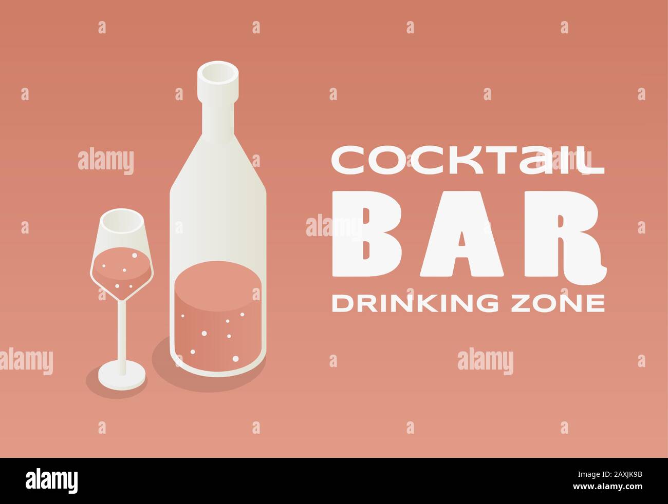 Coctail bar banner design concept. Vector illustration of wine bottle and glass of wine with text space isolate on pink background. Drinking zone, alcohol drinks poster design. Stock Vector