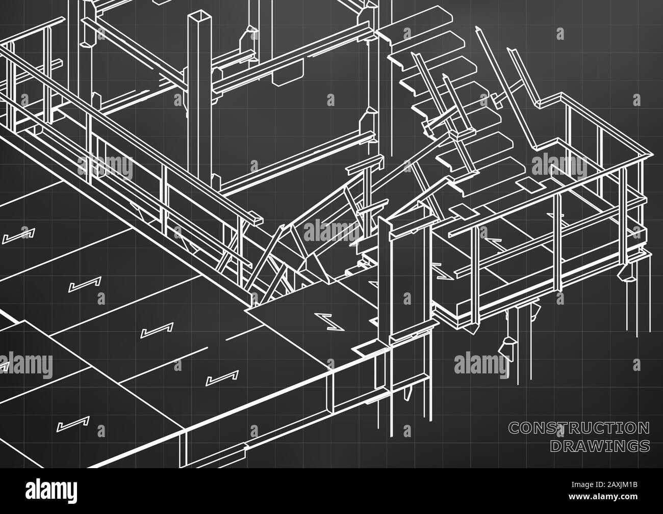Building. Metal constructions. Volumetric constructions. 3D design. Abstract backgrounds. Black background. Grid Stock Vector
