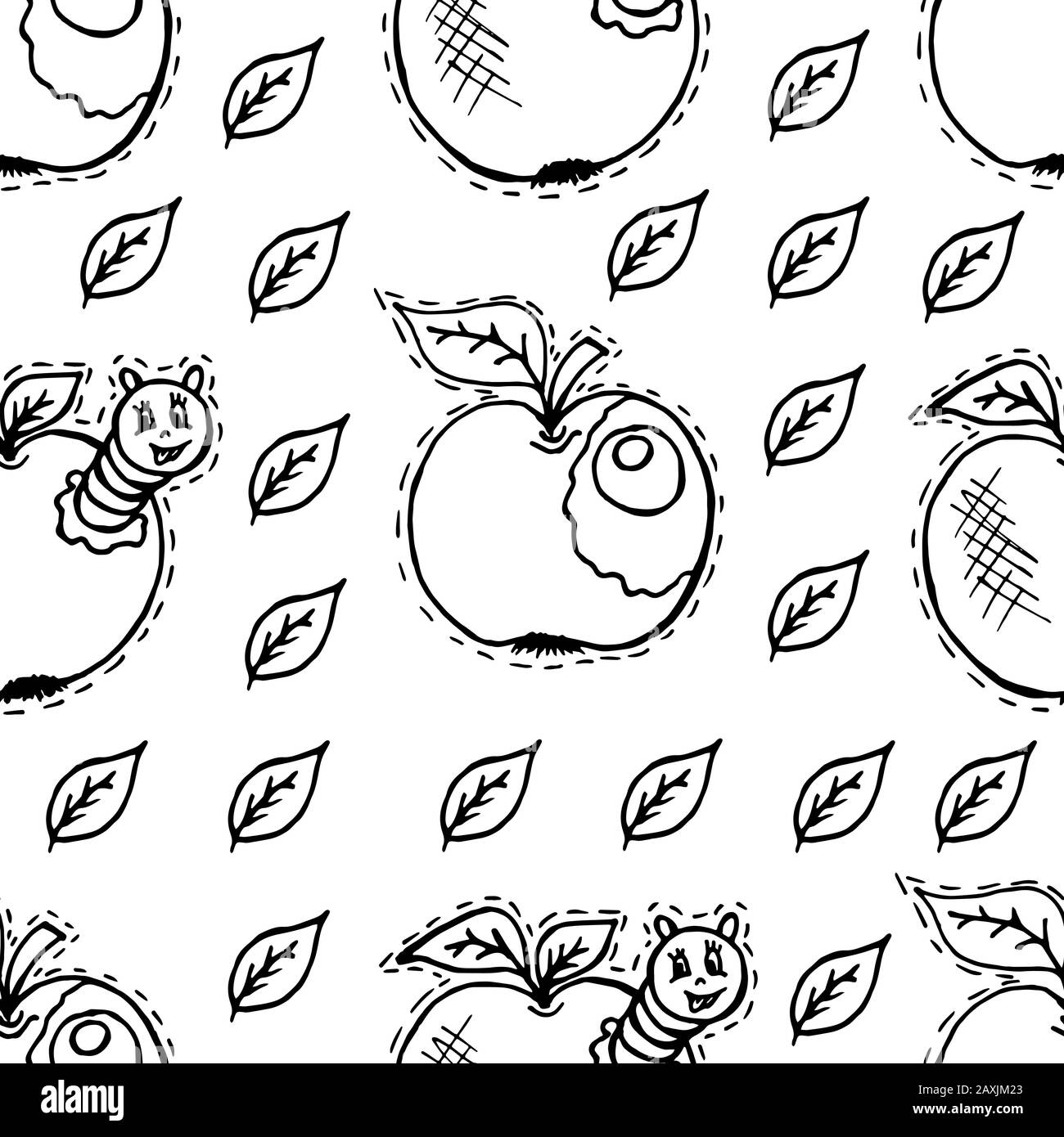 Seamless pattern in cartoon style. Apples, apple with caterpillar, green leaves Stock Vector