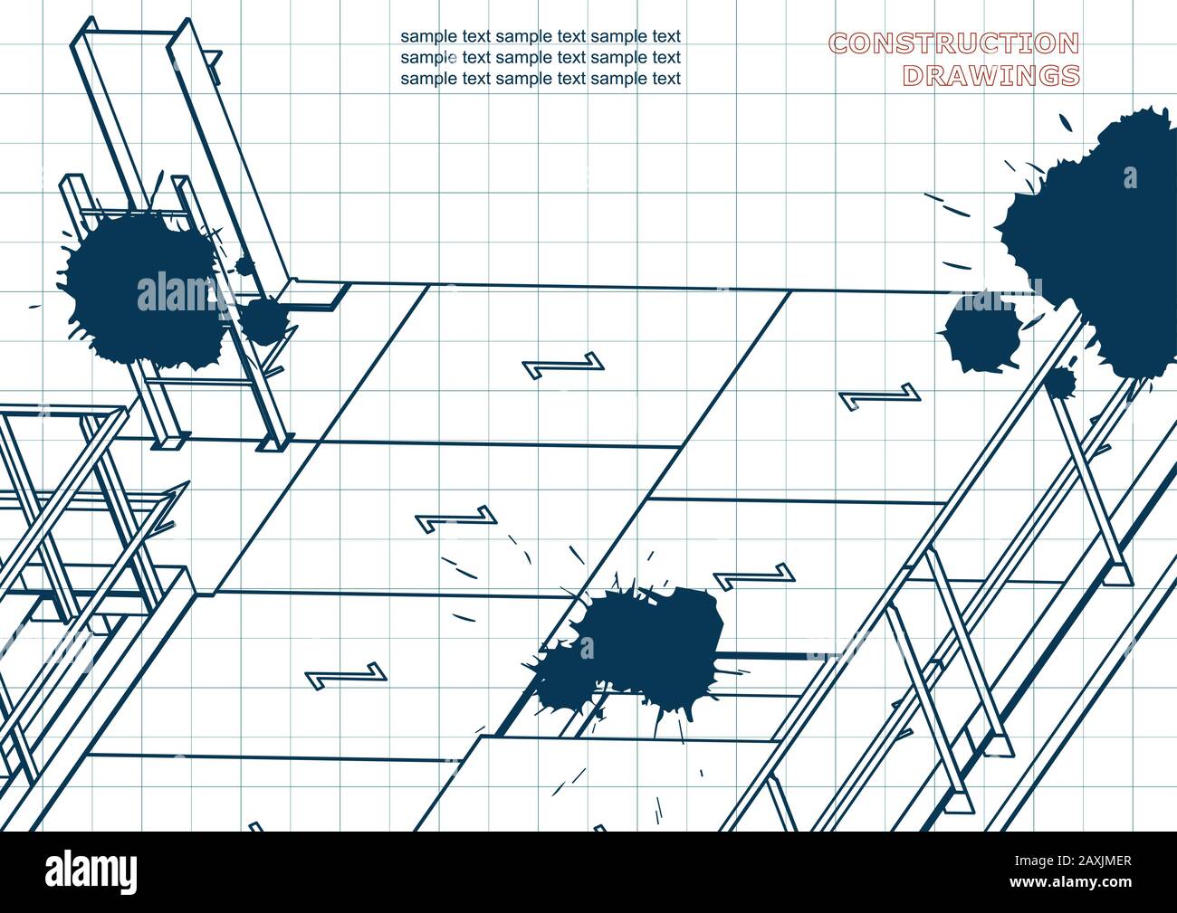 Building. Metal constructions. Volumetric constructions. 3D design. Draft. Ink. Blots Stock Vector