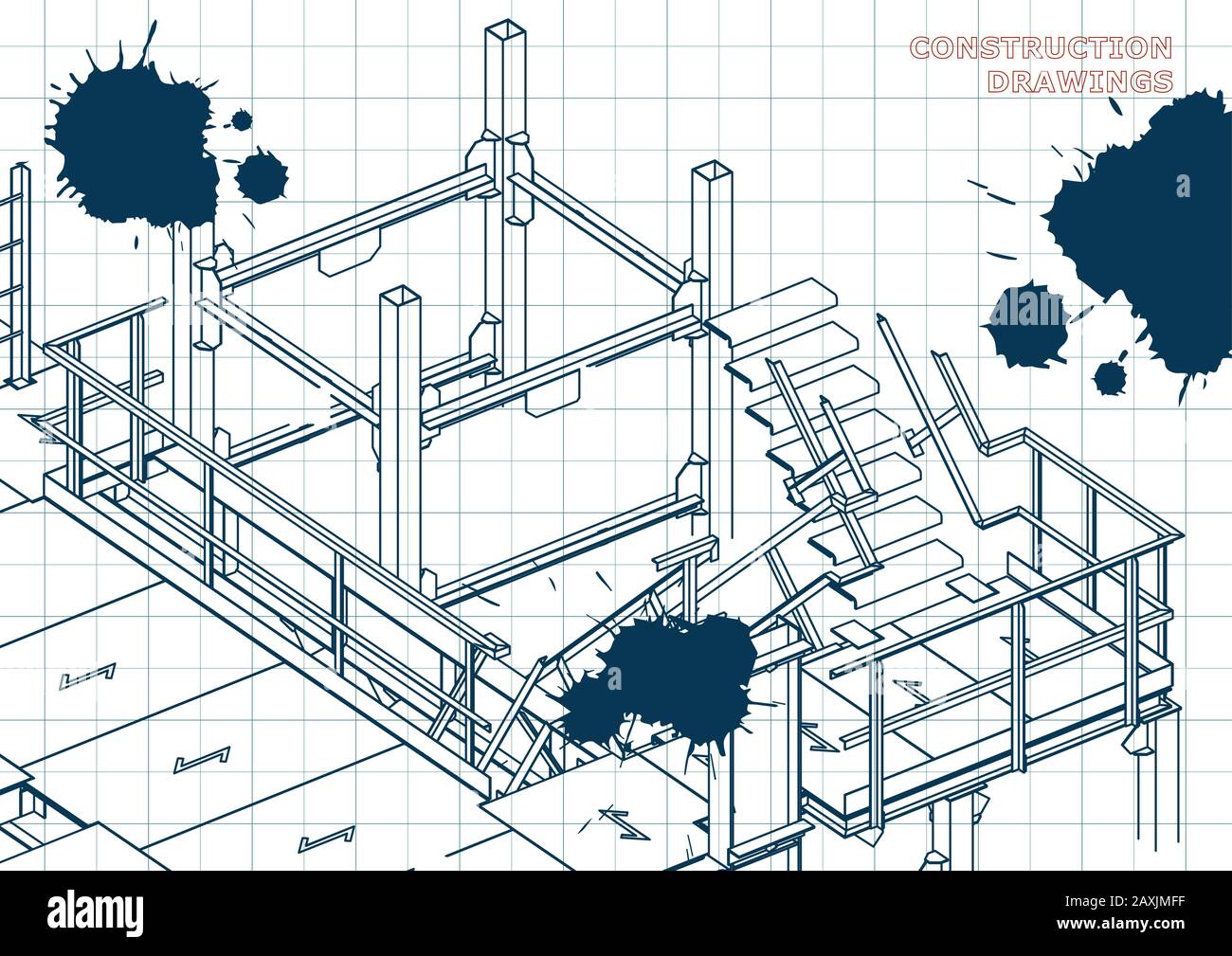 Building. Metal constructions. Volumetric constructions. Draft. Ink. Blots Stock Vector