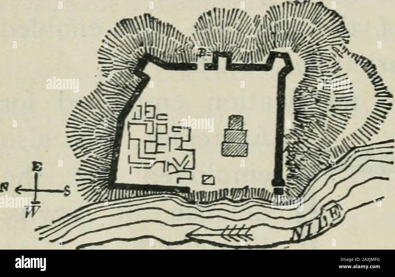 Manual of Egyptian archæology and guide to the study of antiquities in EgyptFor the use of students and travellers . in Egypt,El Kab, dates back to the beginning of Egyptianhistory ; the remains of the oval enclosure of pre-dynastic days can still be traced within the outerwalls of the later fortress (fig. 35). This greatstronghold was partially washed away by the Nilesome years ago, but at the beginning of the nineteenth century itformed an irregularquadrilateral enclo-sure measuring 2,100feet in length byabout one-sixth lessin breadth. The south front is con-structed on the sameprinciple as Stock Photo