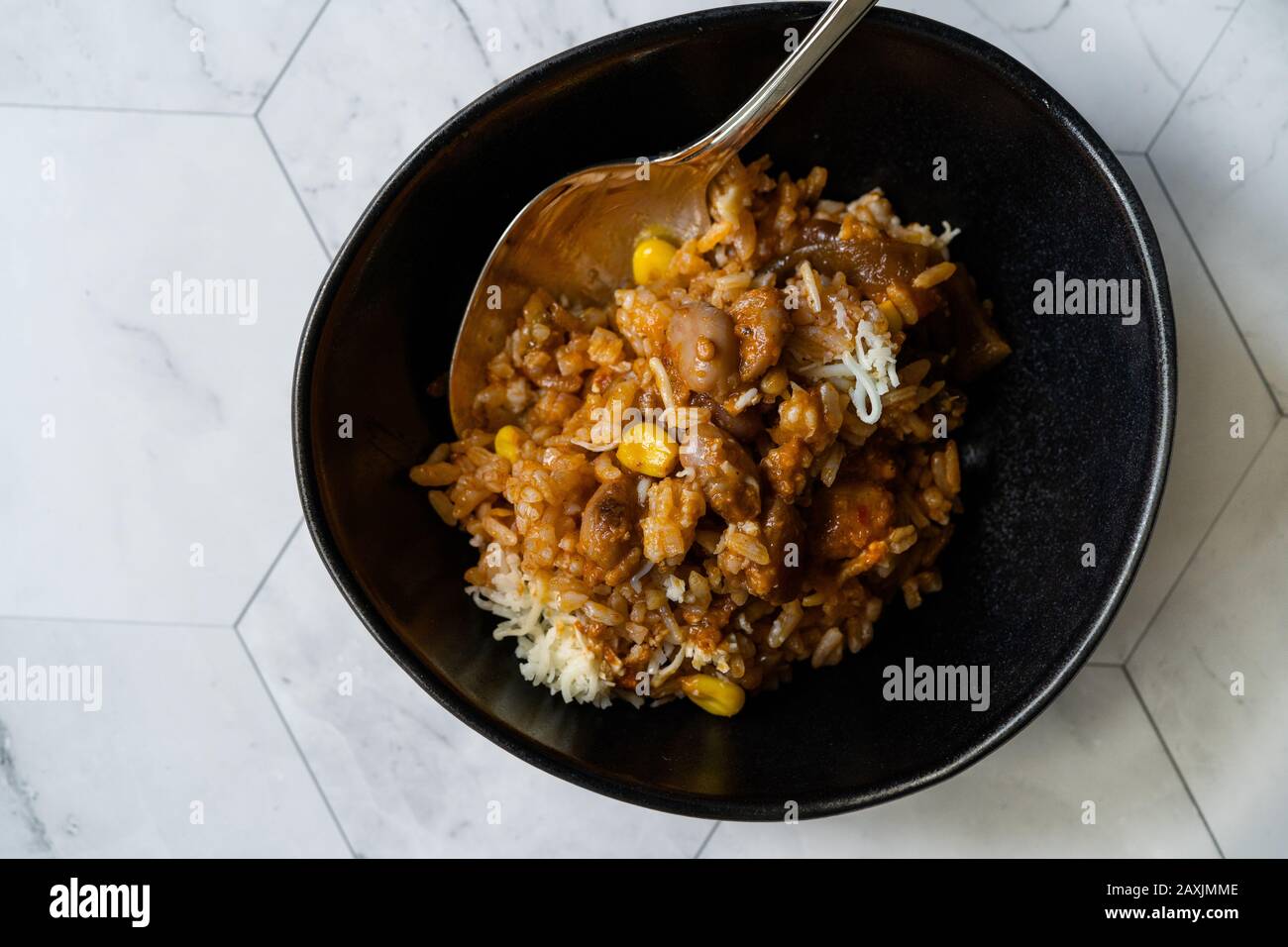 Mexican Rice with Kidney Bean, Sour Cream, Grated Mozzarella Cheese and