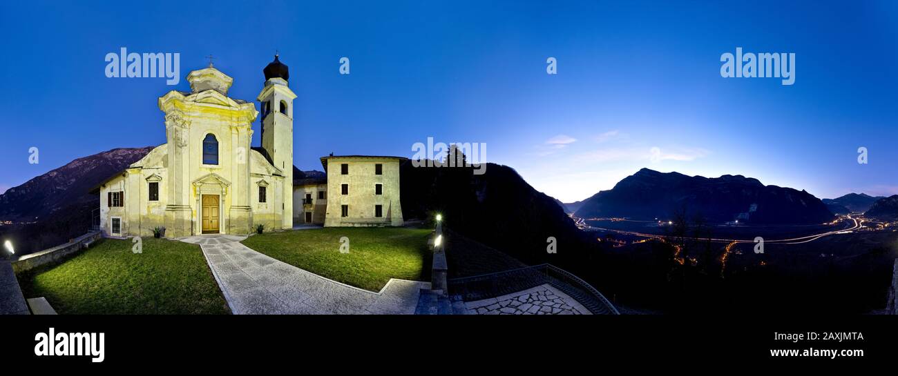 The San Valentino sanctuary and the Adige valley. Trento province, Trentino Alto-Adige, Italy, Europe. Stock Photo