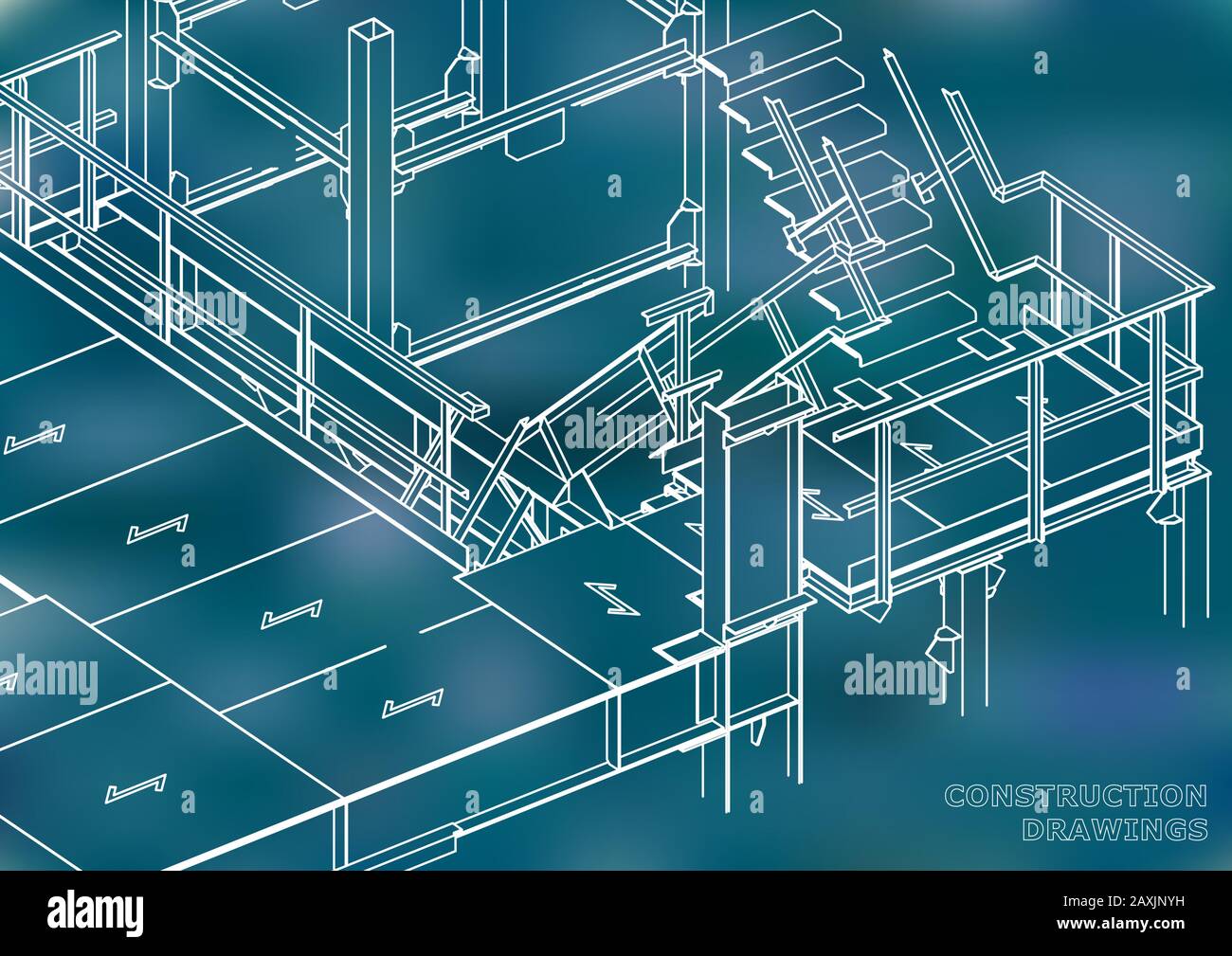 Building. Metal constructions. Volumetric constructions. 3D design. Abstract backgrounds. Blue background Stock Vector