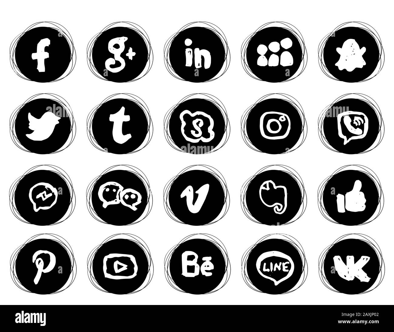 Black Round doodle icons. Collection of popular social media icons on a ...