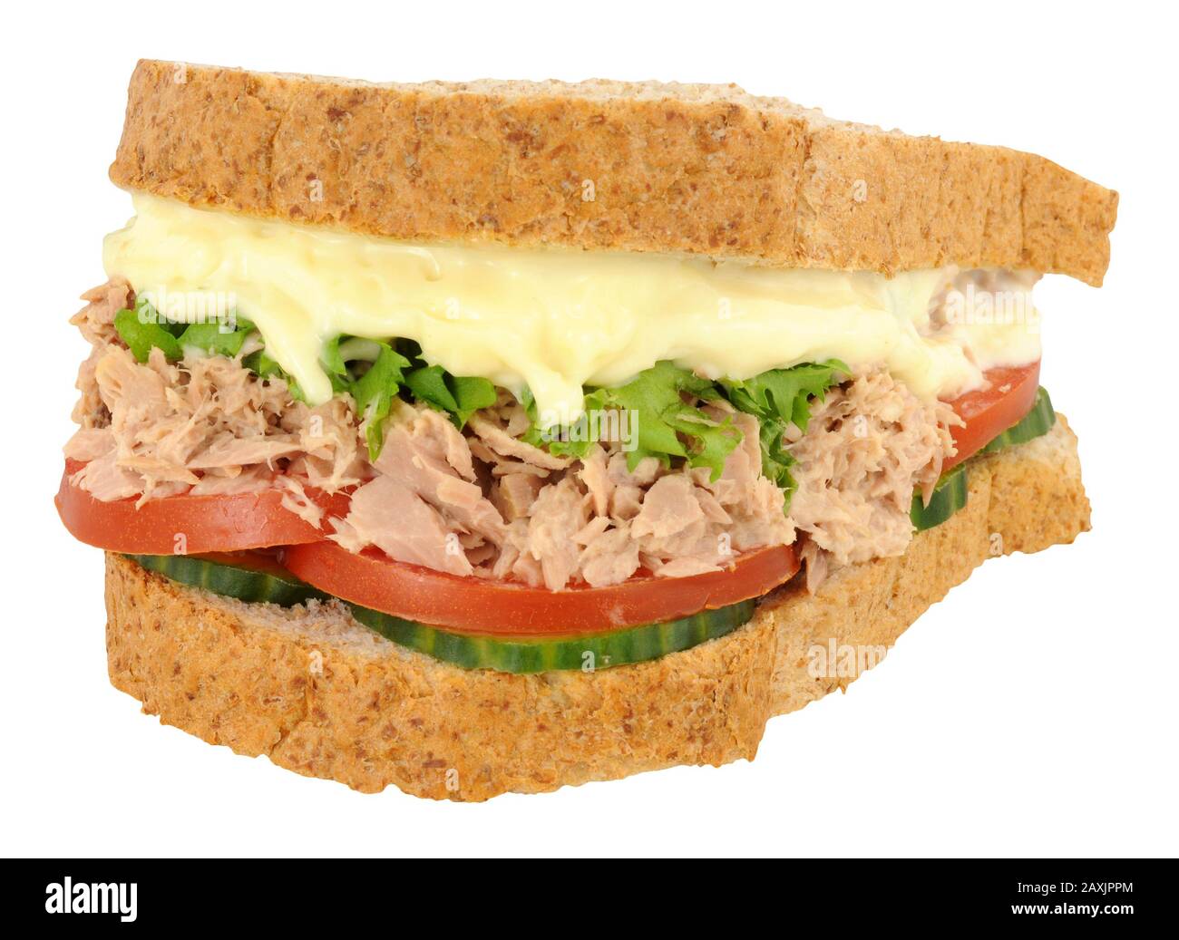 Tuna and salad sandwich on brown sliced bread isolated on a white