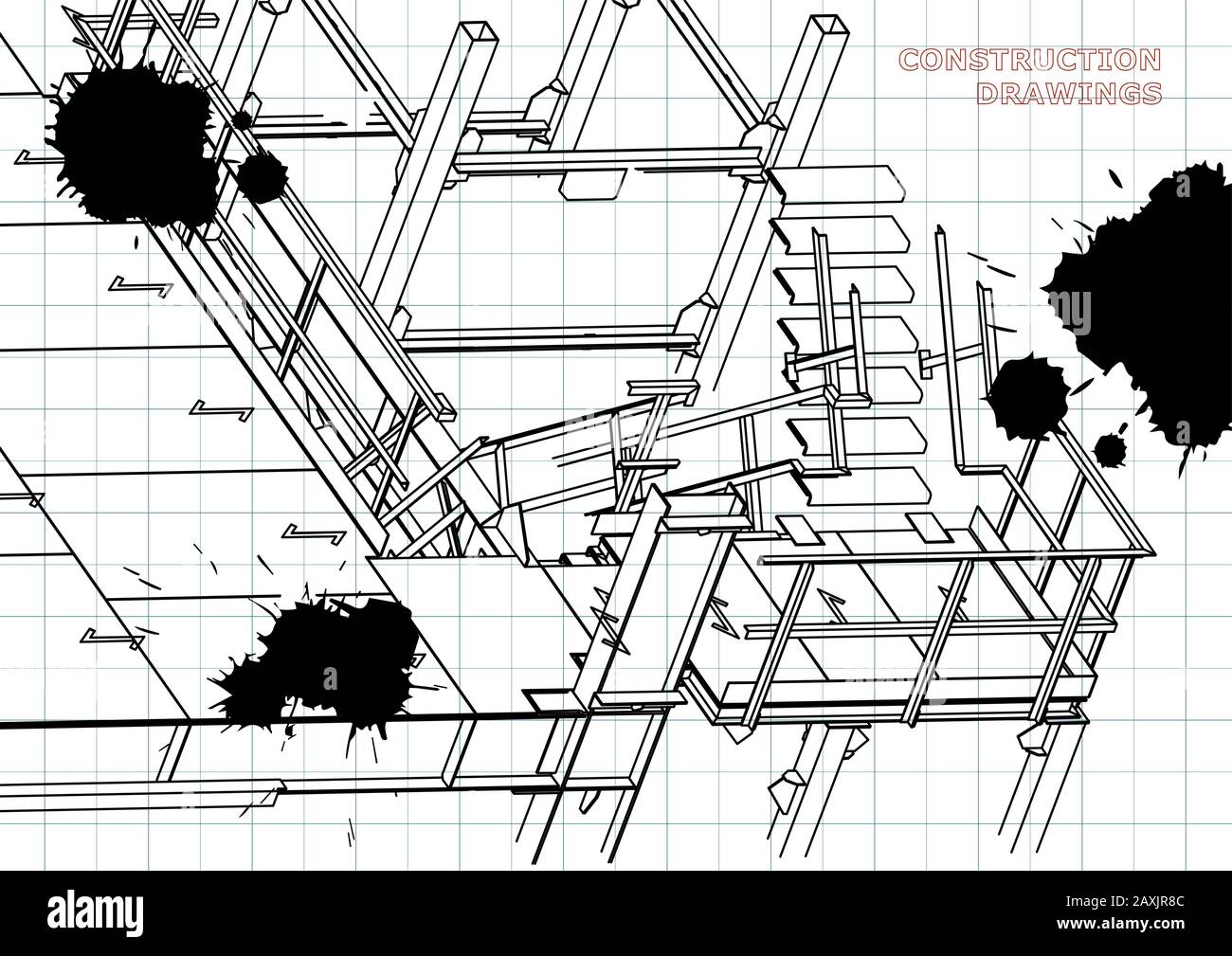 Building. Metal constructions. Volumetric constructions. 3D design. Abstract background. Draft. Black Ink. Blots Stock Vector
