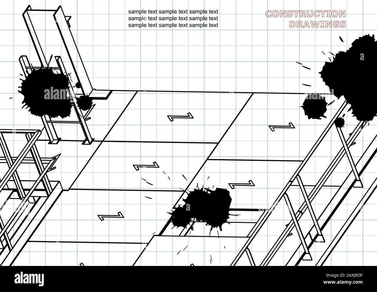 Building. Metal constructions. Volumetric constructions. 3D design. Draft. Black Ink. Blots Stock Vector