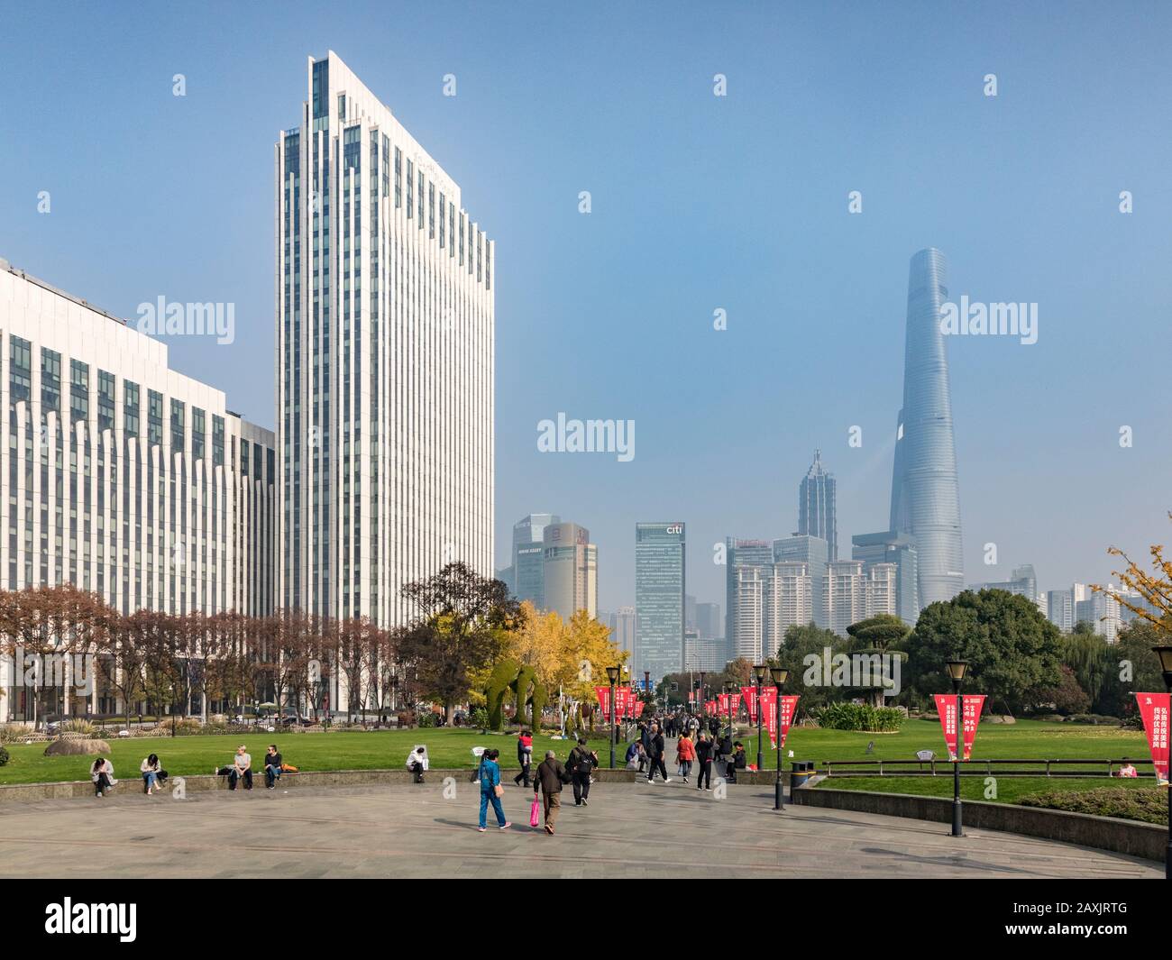 29 November 2018 - Shanghai, China  -  Shanghai skyline from Gucheng Park, looking towards the Pudong district. Stock Photo
