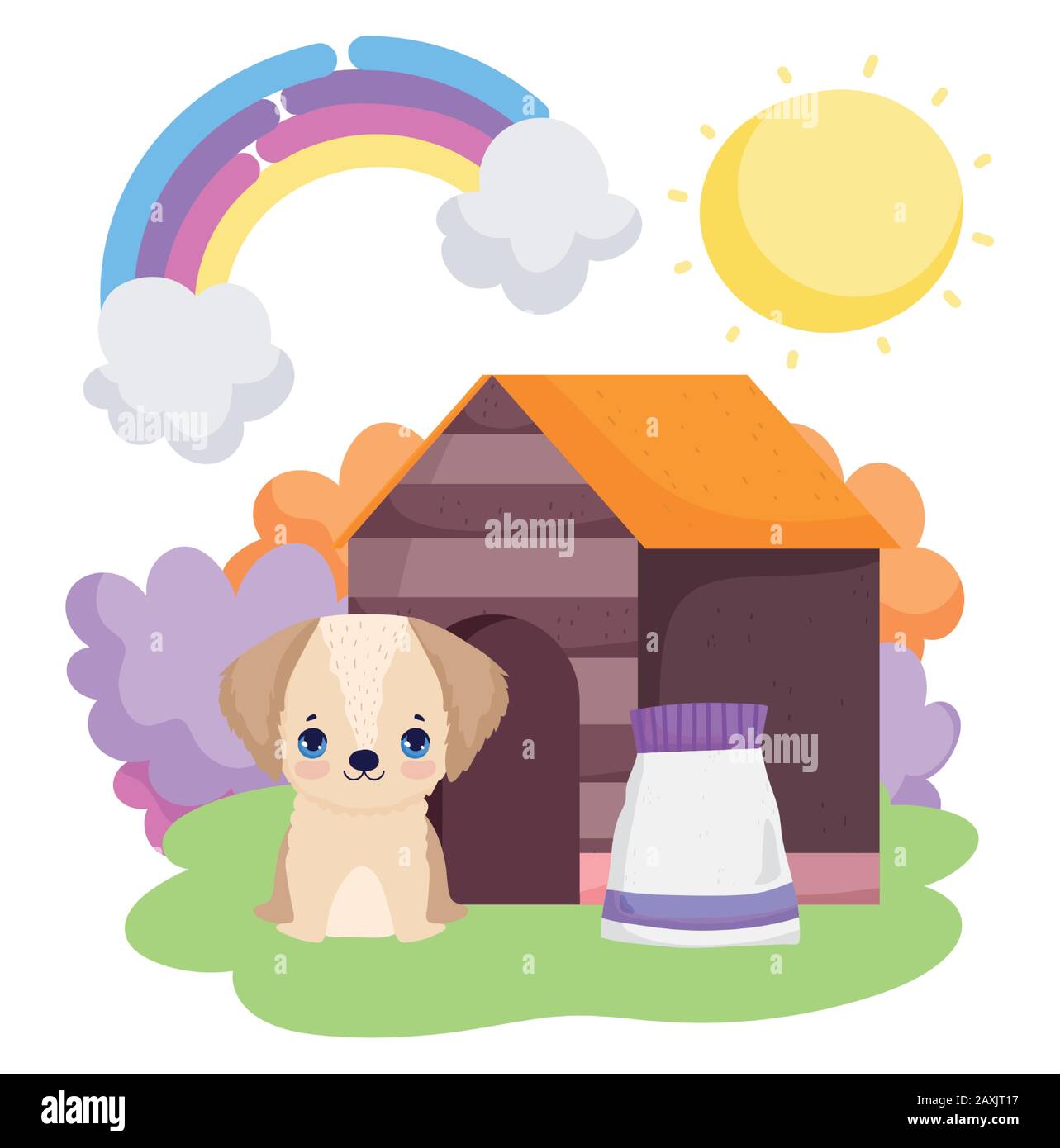 little dog sitting in front house with food package outdoor pets vector ...